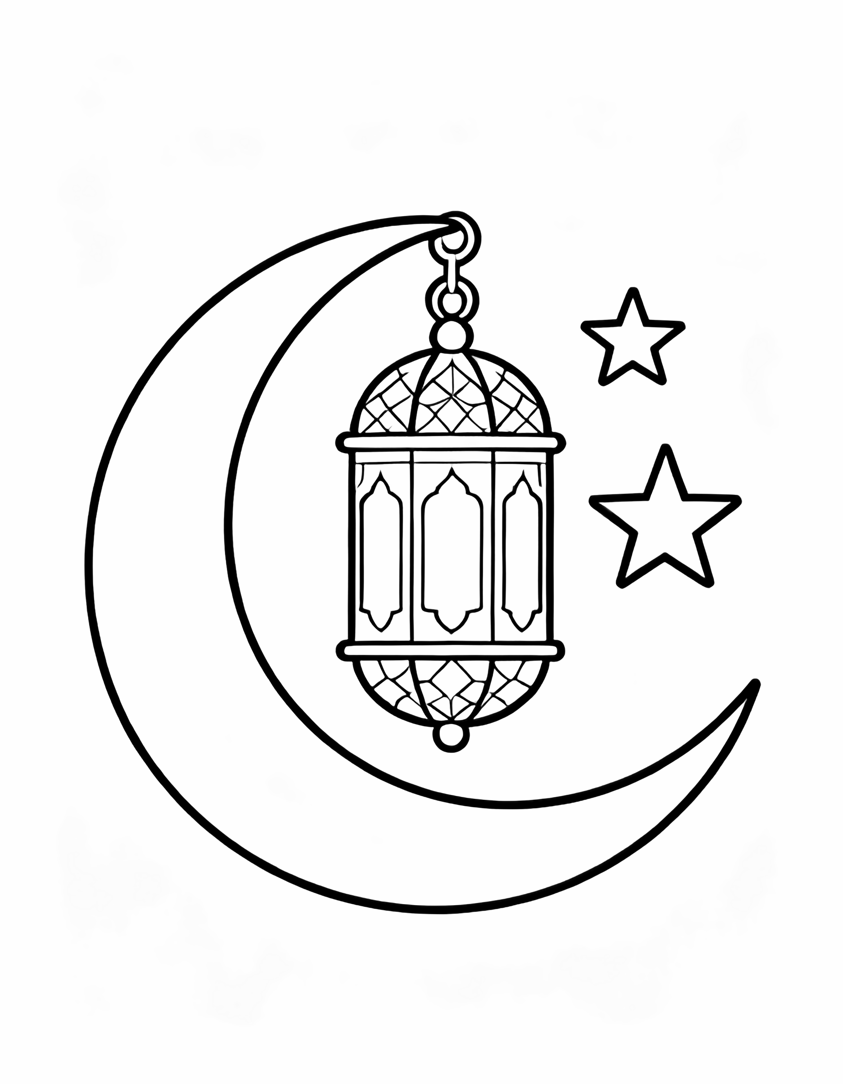 Ramadan crescent moon and star, ornate lantern, simple Arabic geometric patterns, joyful kid-friendly scene kleurplaat