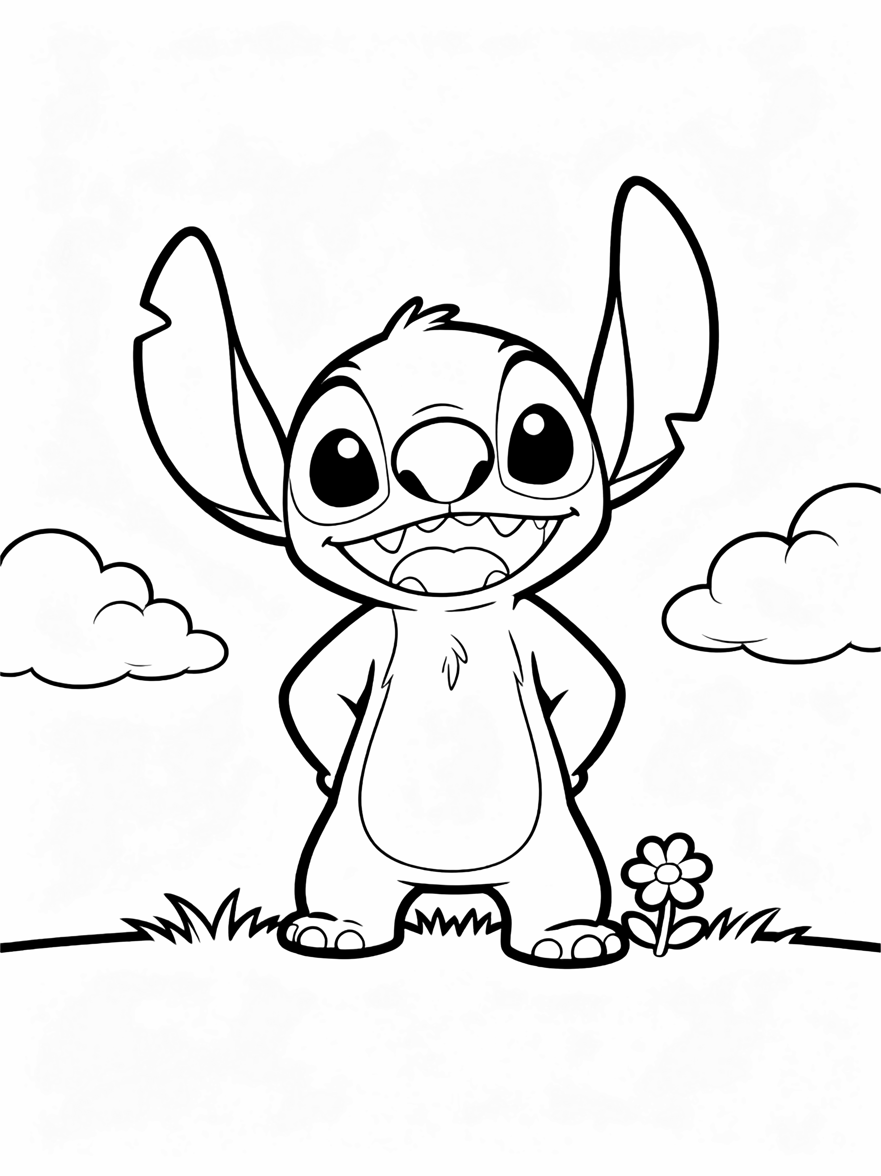 Stitch stands cheerfully, big ears perked and hands behind his back; simple grass line, two fluffy clouds, small flower beside his foot. kleurplaat