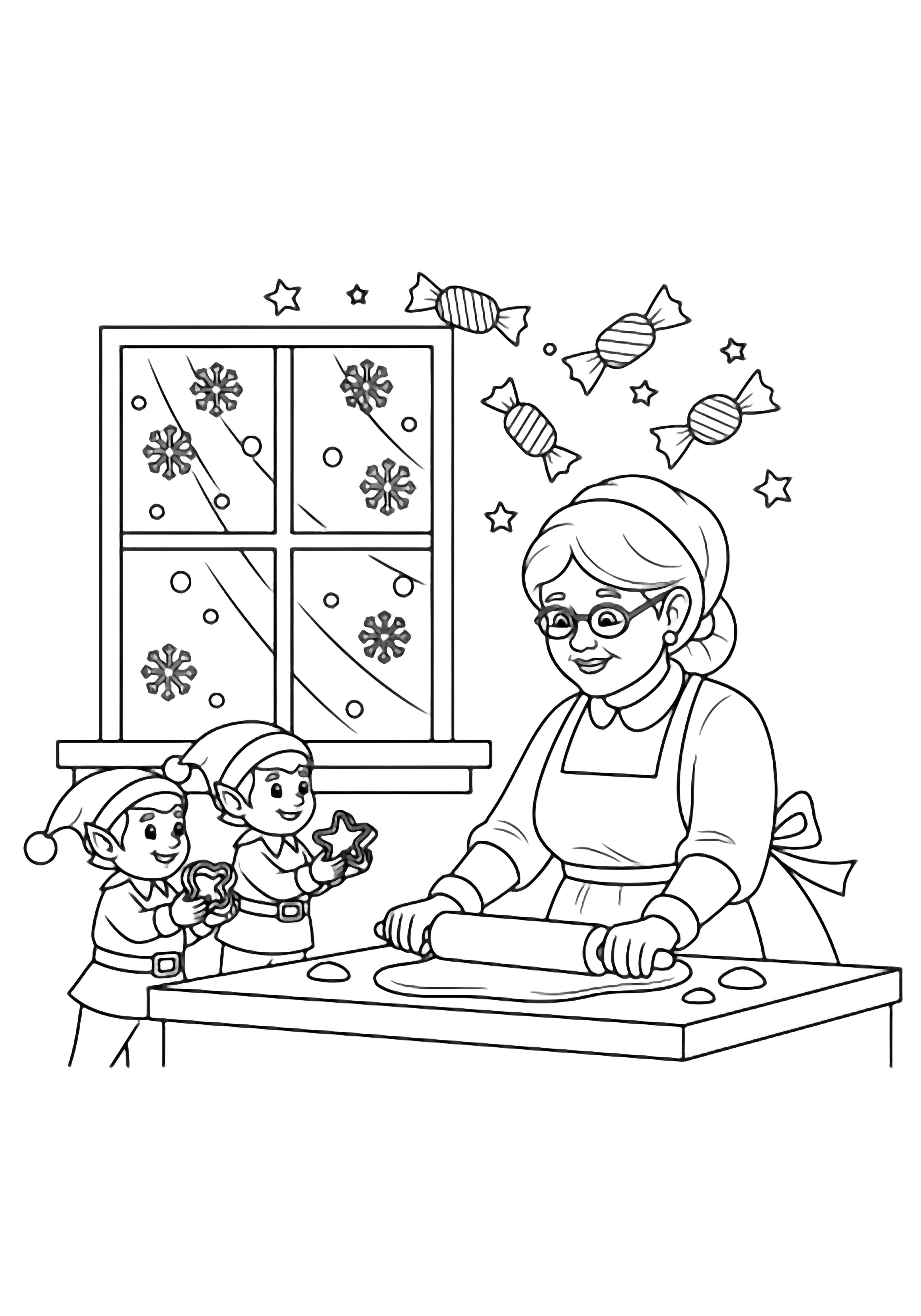 Mrs Claus rolls dough at a kitchen counter while two elves hold cookie cutters below a window with drifting snowflakes; candy and star shapes hover above. kleurplaat