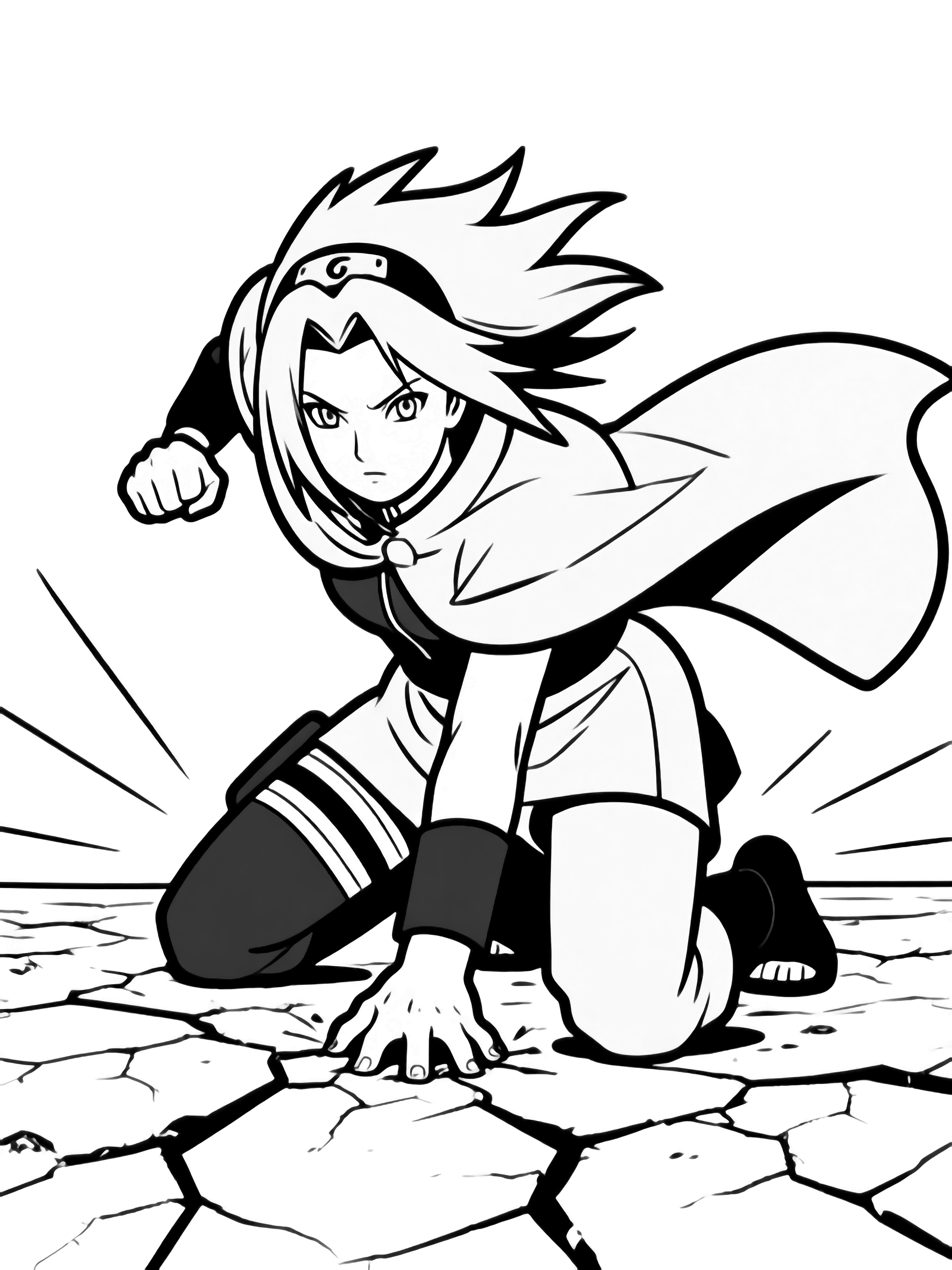 Sakura Haruno kneels, fist pounding cracked earth, hair and cloak billowing. kleurplaat