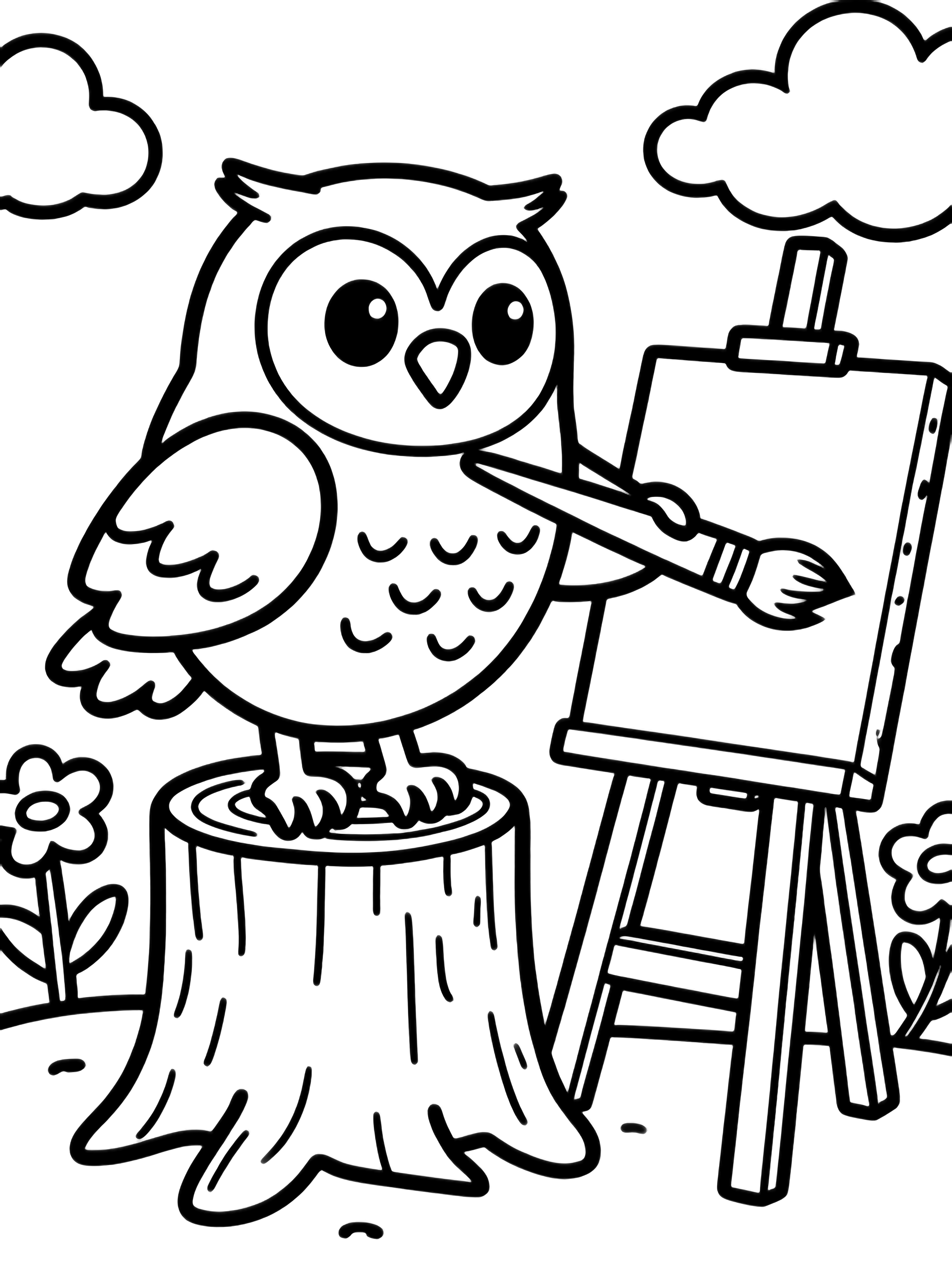 A cheerful cartoon owl on a stump paints a tiny canvas on an easel, surrounded by flowers and clouds. kleurplaat