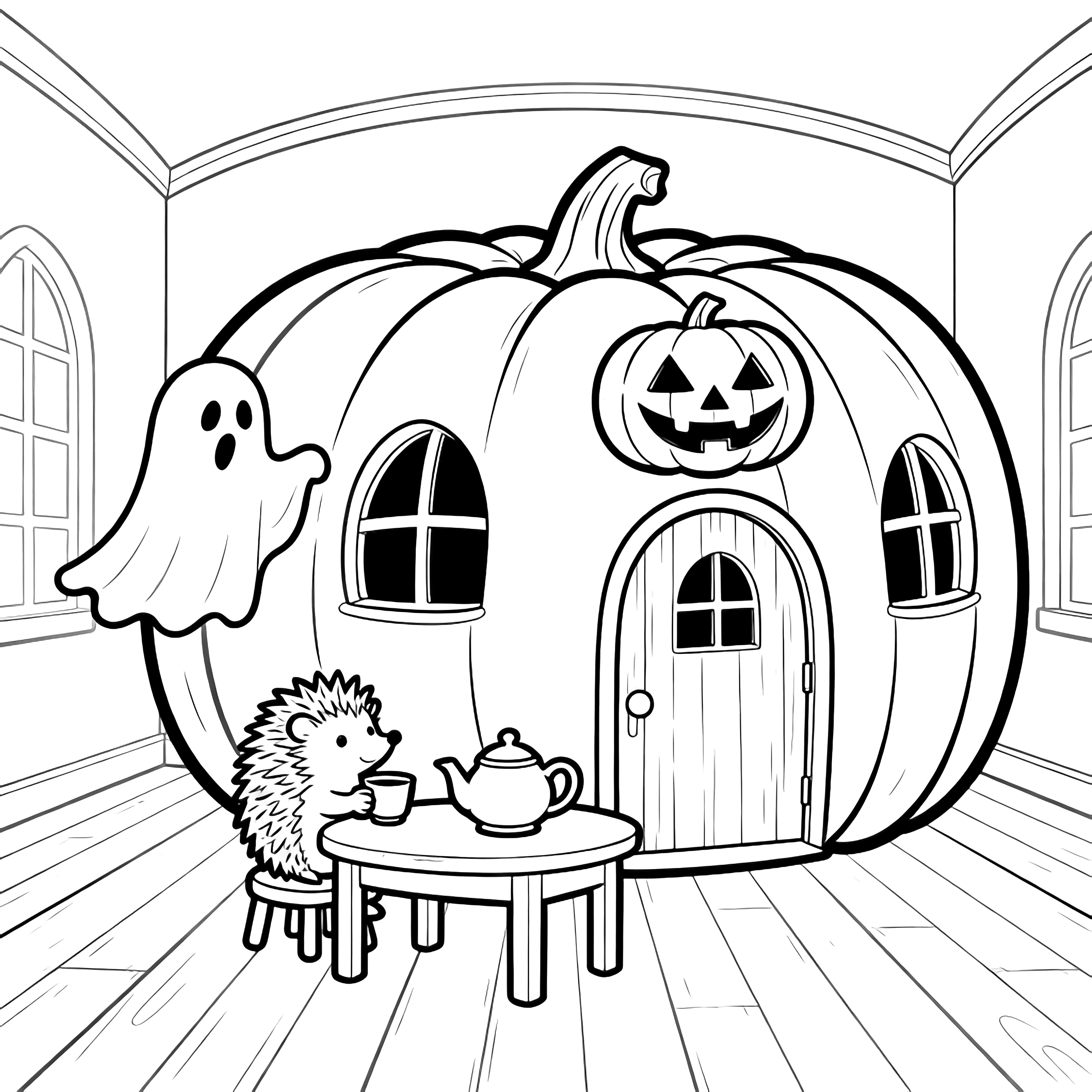 A pumpkin house hosts a ghost and a hedgehog sharing tea at a table while a jack-o'-lantern grins above the door. kleurplaat