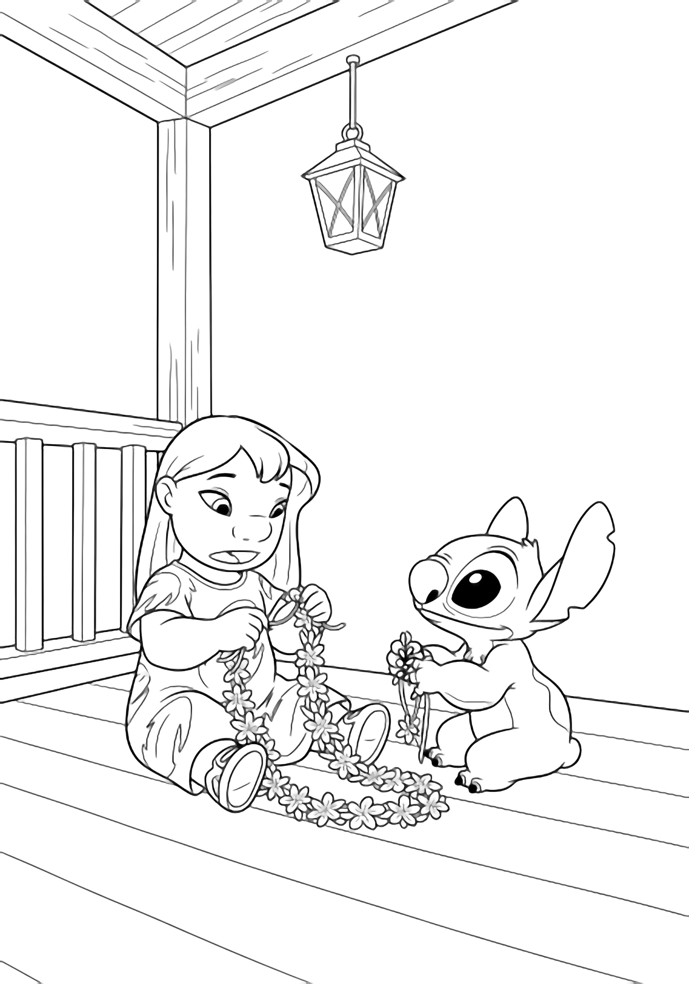 illustration on a Lilo sits cross legged on the porch floor hands threading blossoms into a lei while Stitch kneels beside her holding a string of flowers; simple planks railings and a hanging lantern frame the cozy scene all in bold open outlines clean black kleurplaat