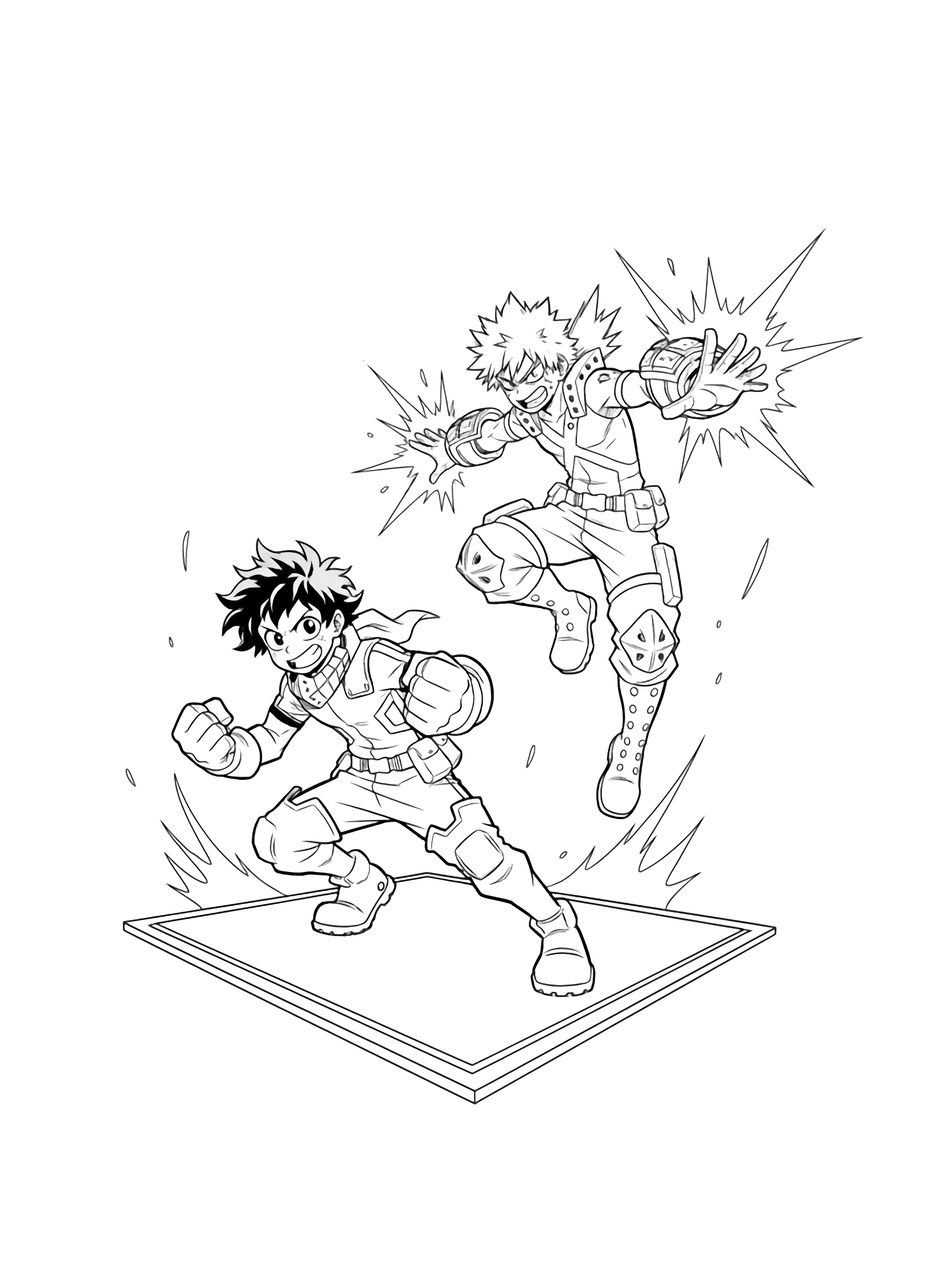 Deku lunges forward with clenched fists while Bakugo leaps beside him, palms sparking, both mid-action on a gym mat. kleurplaat