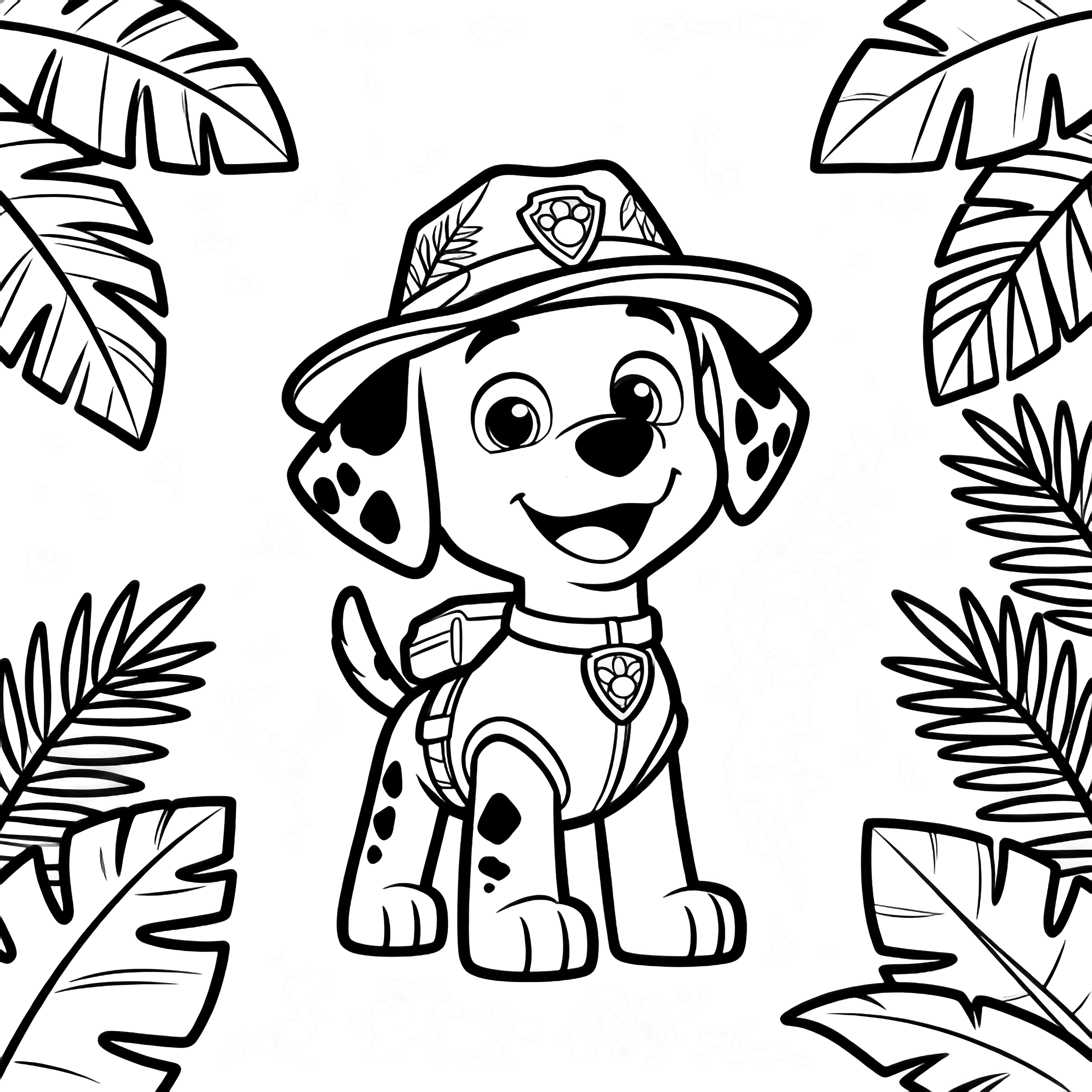 Tracker the pup smiles in a jungle hat, framed by simple tropical leaves. kleurplaat