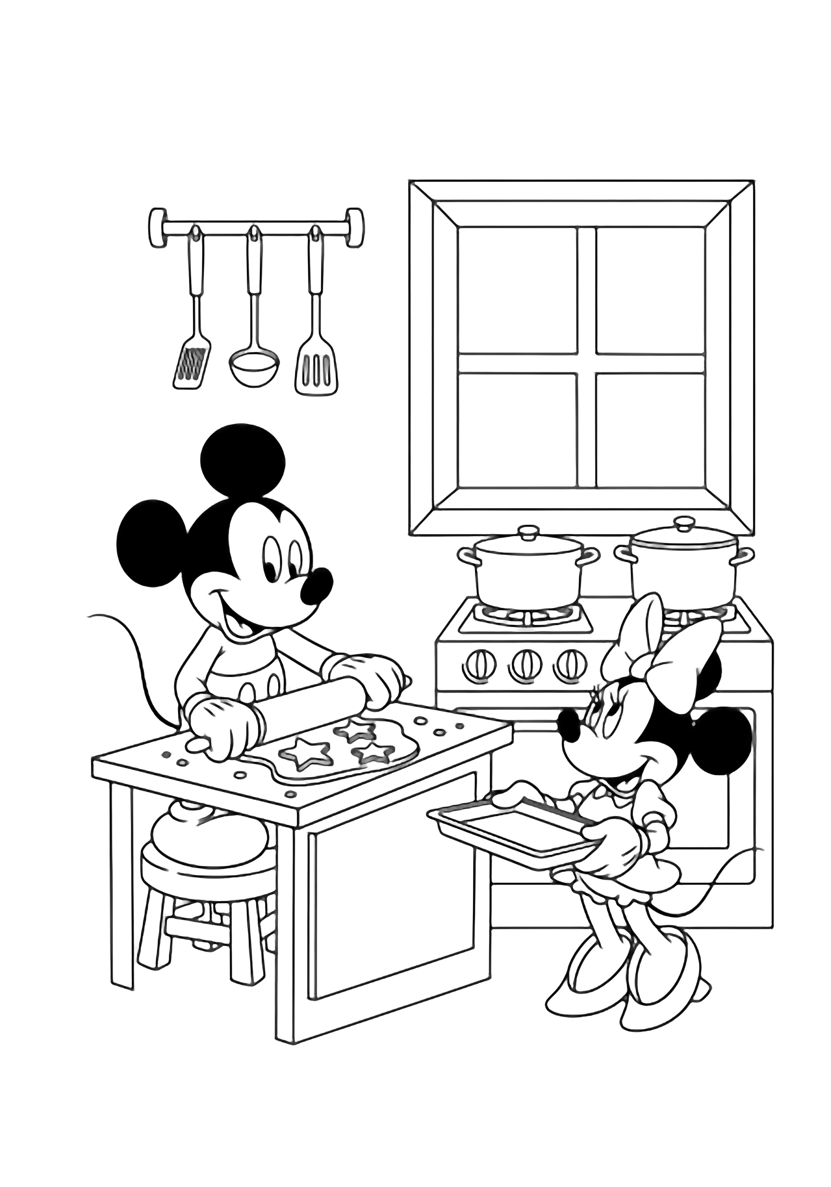 Mickey stands on a stool rolling star cookie dough at a counter; Minnie holds a tray beside a stove and utensils under a window. kleurplaat