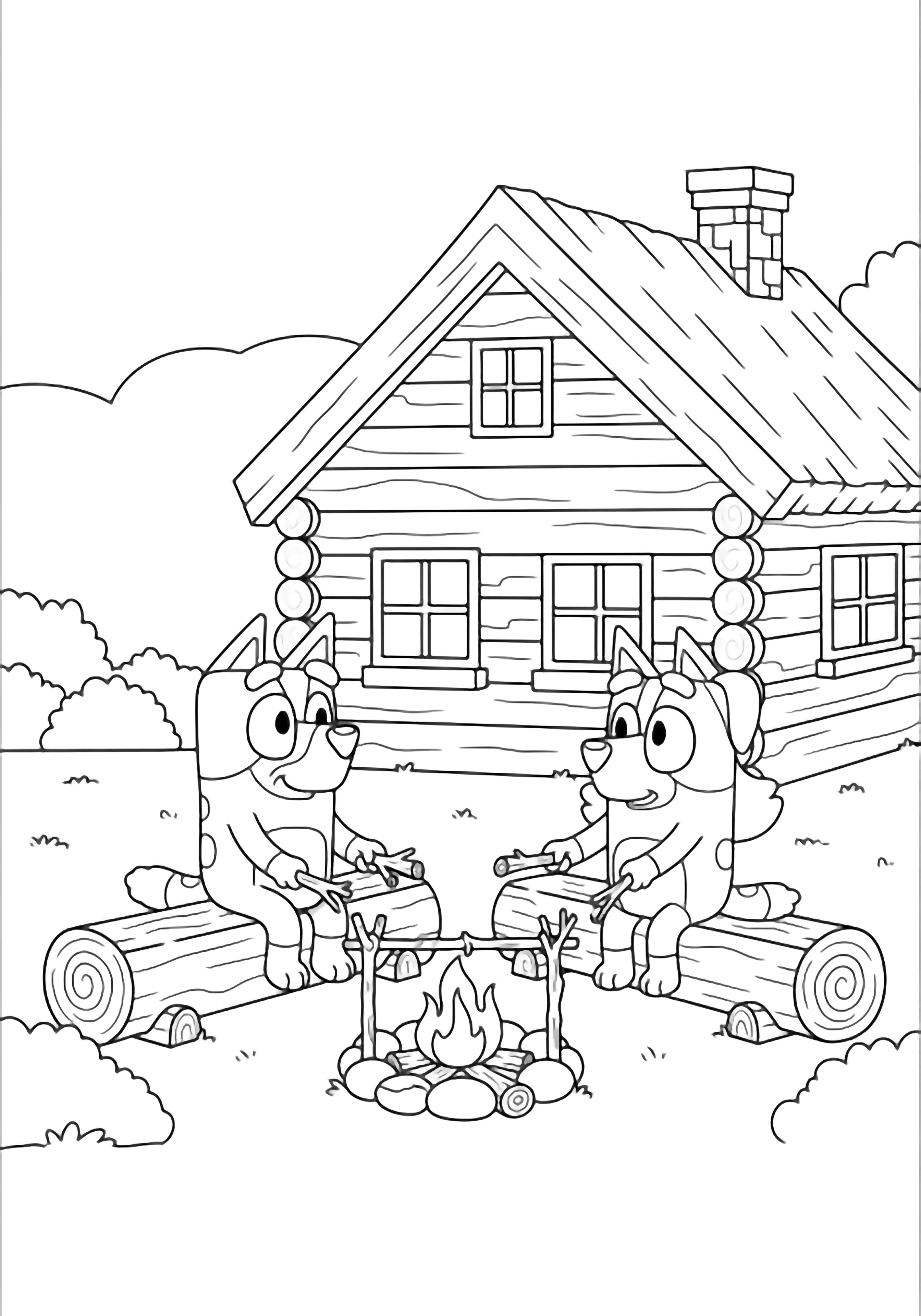 Bluey and Mabel, two small cartoon dogs, sit on a log bench beside a log cabin, roasting sticks over a small campfire. kleurplaat