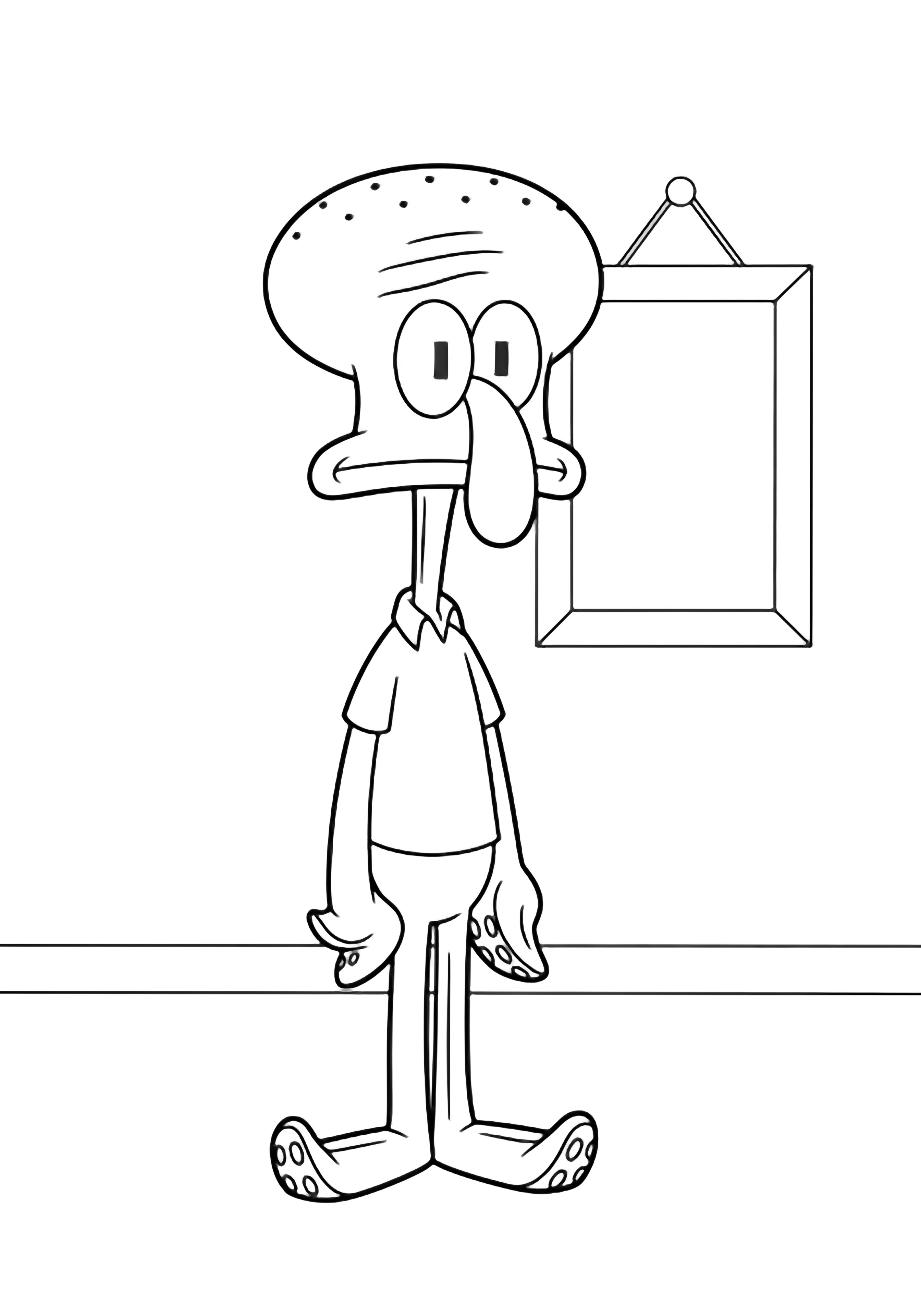 Squidward stands relaxed, neutral face, long droopy nose, oval head, tentacle legs apart; simple floor line and picture frame behind. kleurplaat