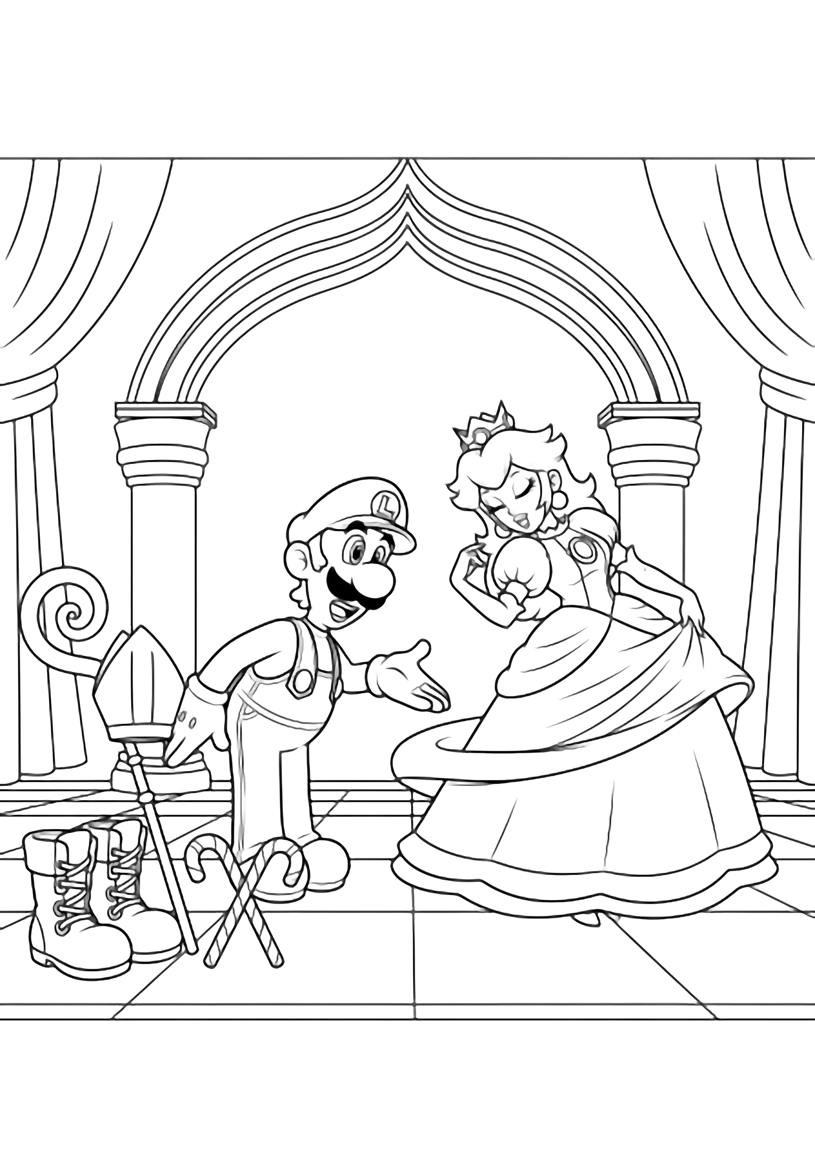 Luigi bows, offering his hand; Peach curtsies, gown swirling; they twirl beneath a palace arch beside tall boots, candy canes, and a bishop's crozier on simple tiled floor with curtained backdrop. kleurplaat