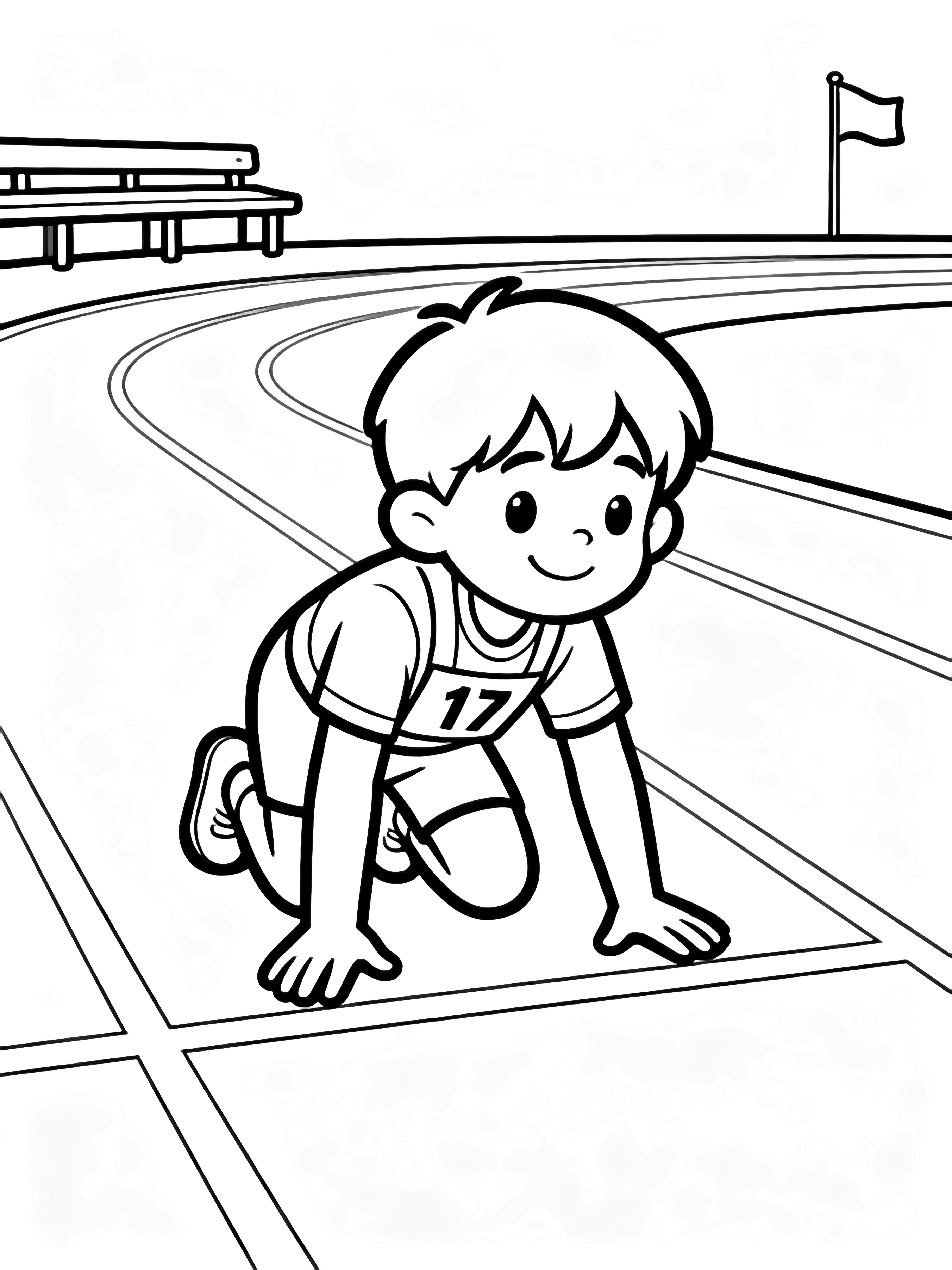 A smiling child in a starting crouch on an empty track lane, wearing a numbered bib, with distant stadium bench and flag. kleurplaat