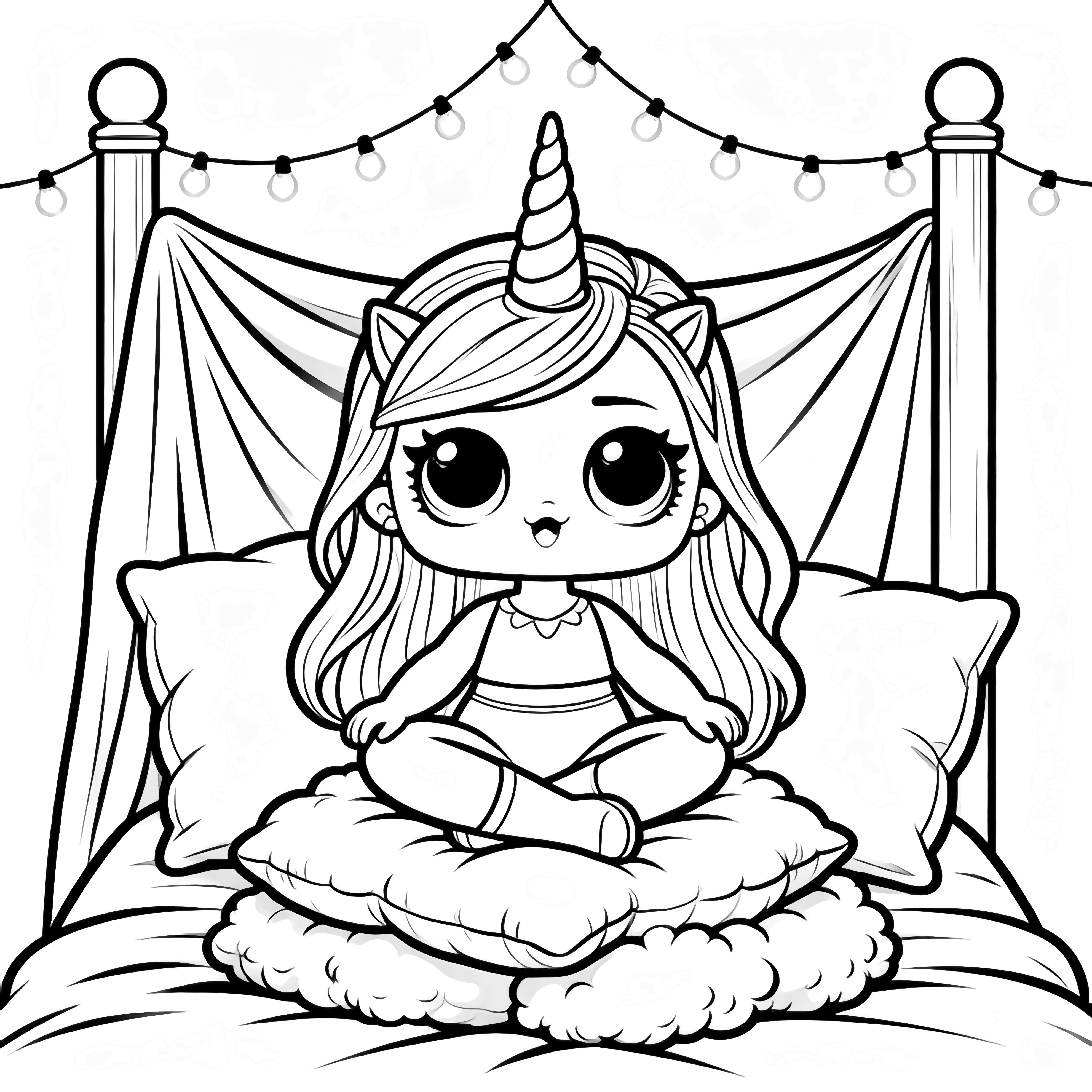 LOL Unicorn doll sits cross-legged on fluffy pillows, horn and long hair flowing; fairy-light strings arc above bedposts with draped blanket behind. kleurplaat