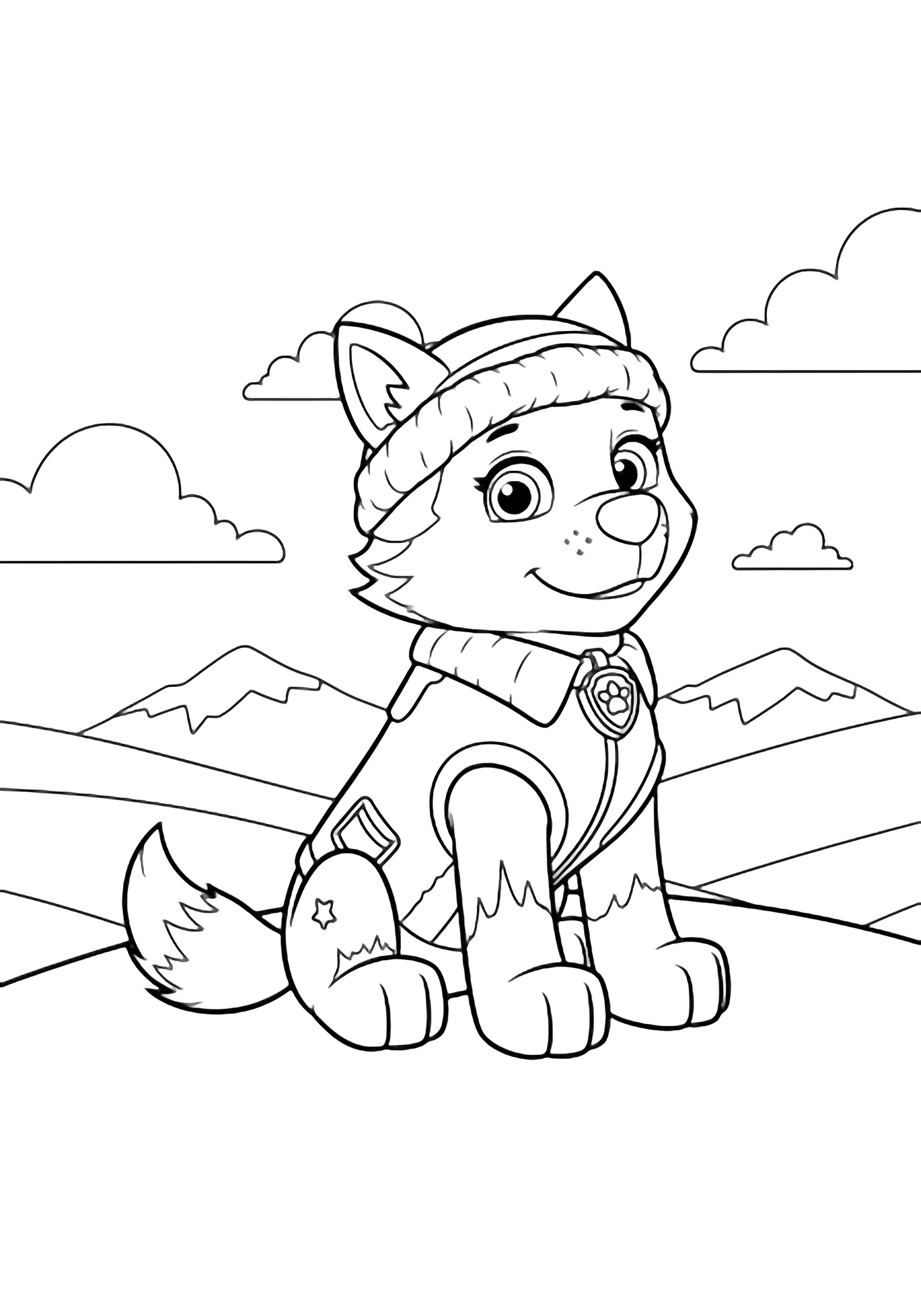 Everest the pup sits on a snowy hill, tail curled, wearing an open-trim jacket with big buttons; simple clouds and distant mountain ridges. kleurplaat