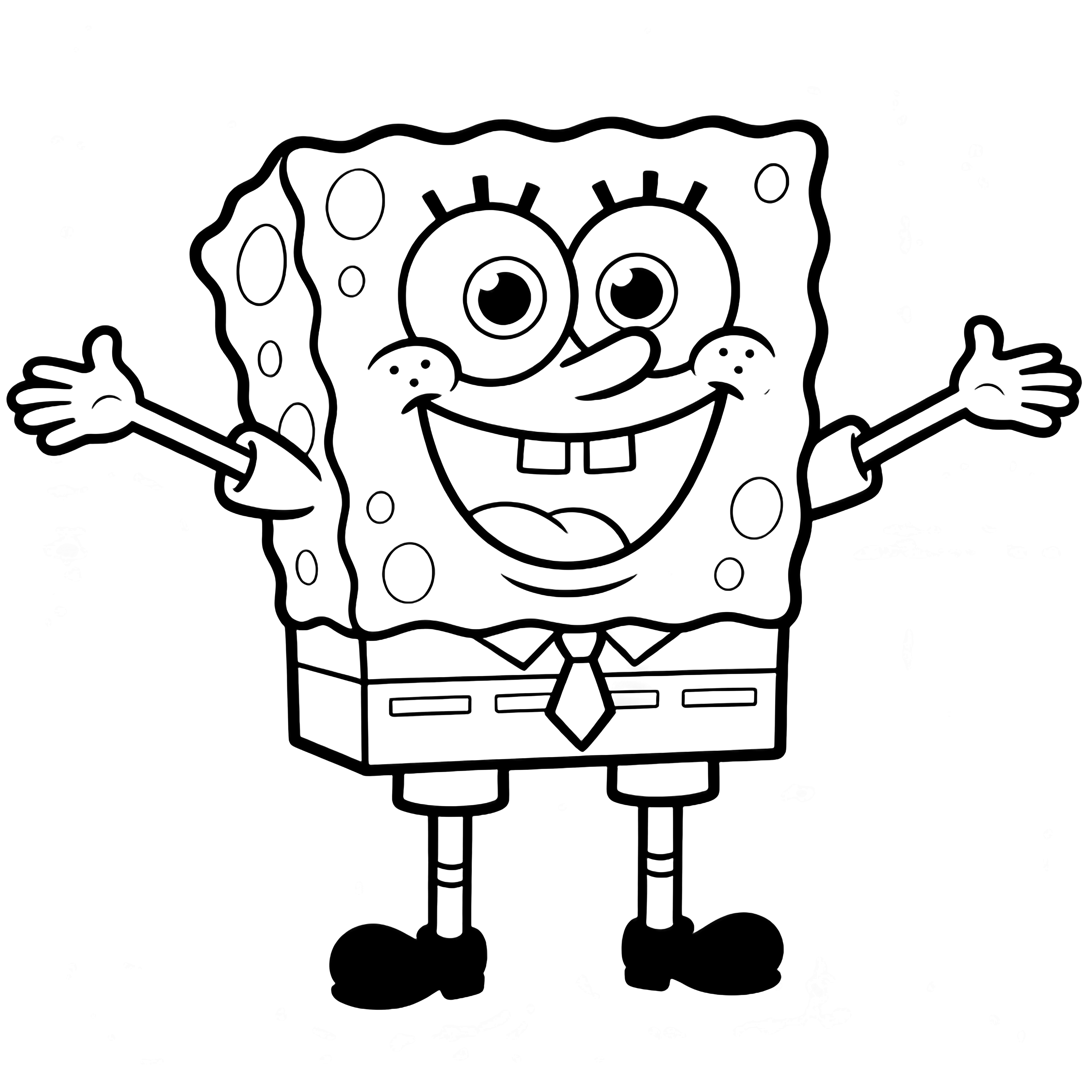 SpongeBob stands centered, grinning widely with open arms, wearing square pants, collar and tie, socks and shoes. kleurplaat