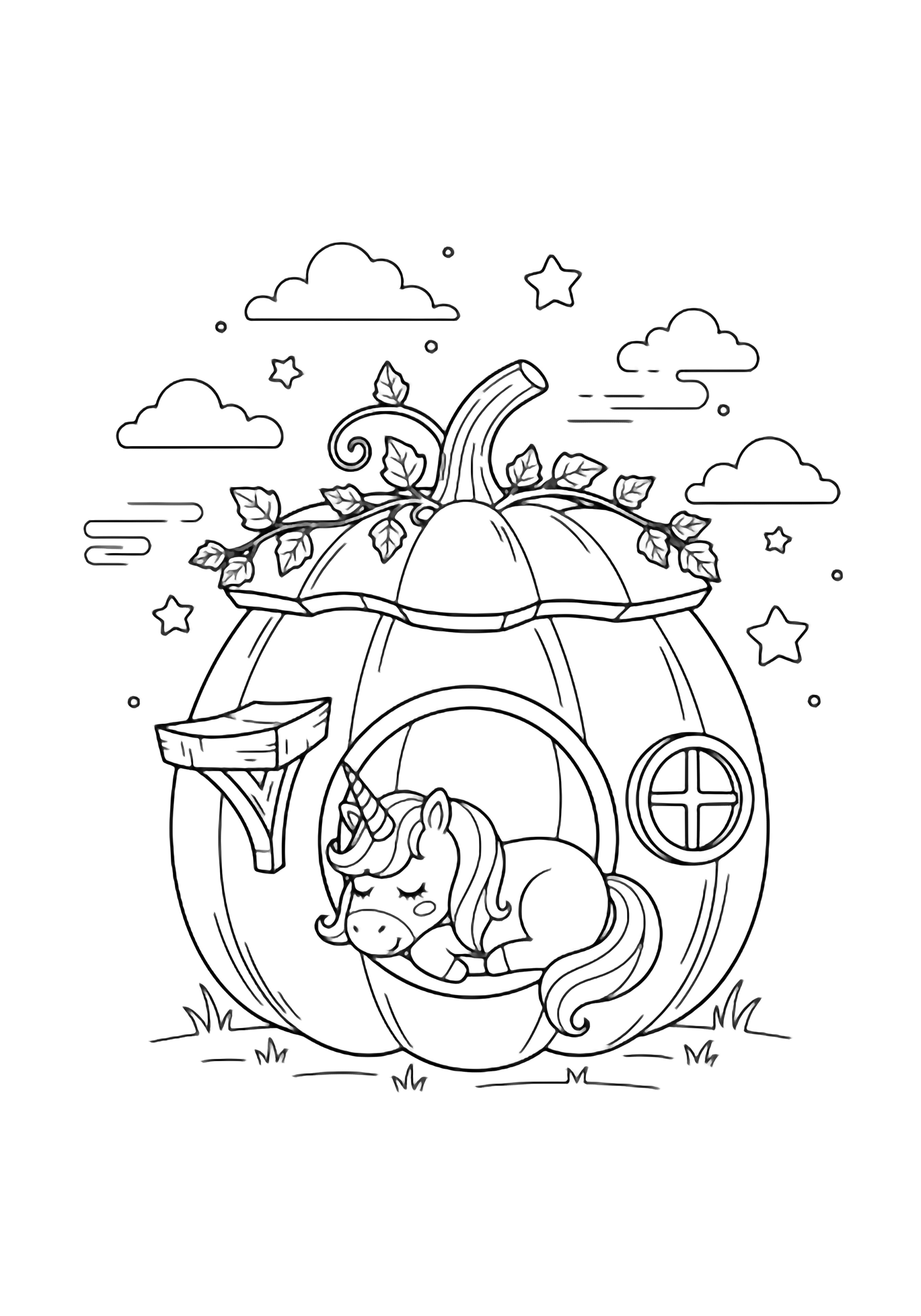 A sleeping unicorn smiles inside a hollow pumpkin house with a round door, leafy vines, tiny stars, drifting clouds, and a simple grass line. kleurplaat