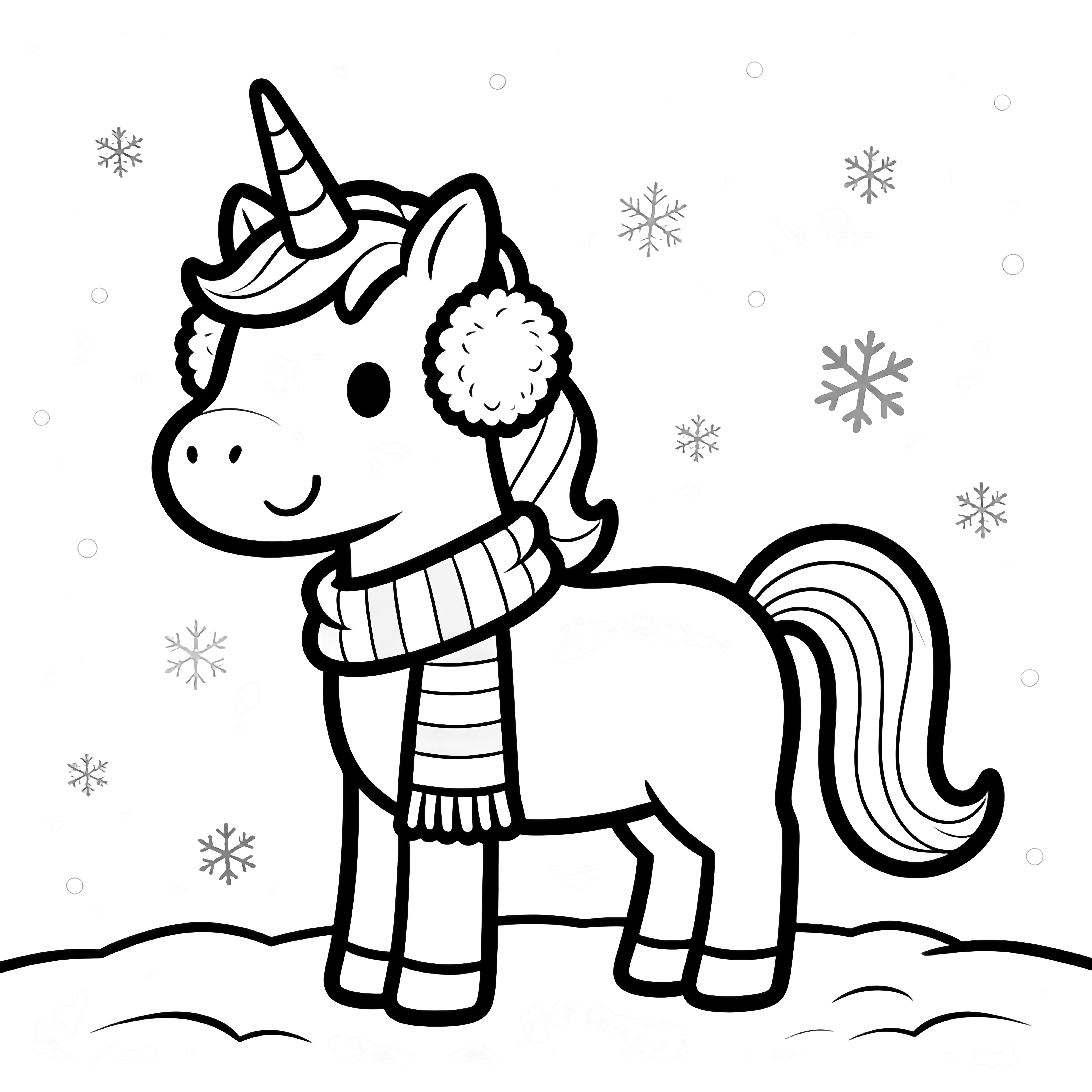 A cheerful unicorn wearing earmuffs and a striped scarf stands in light snow. kleurplaat