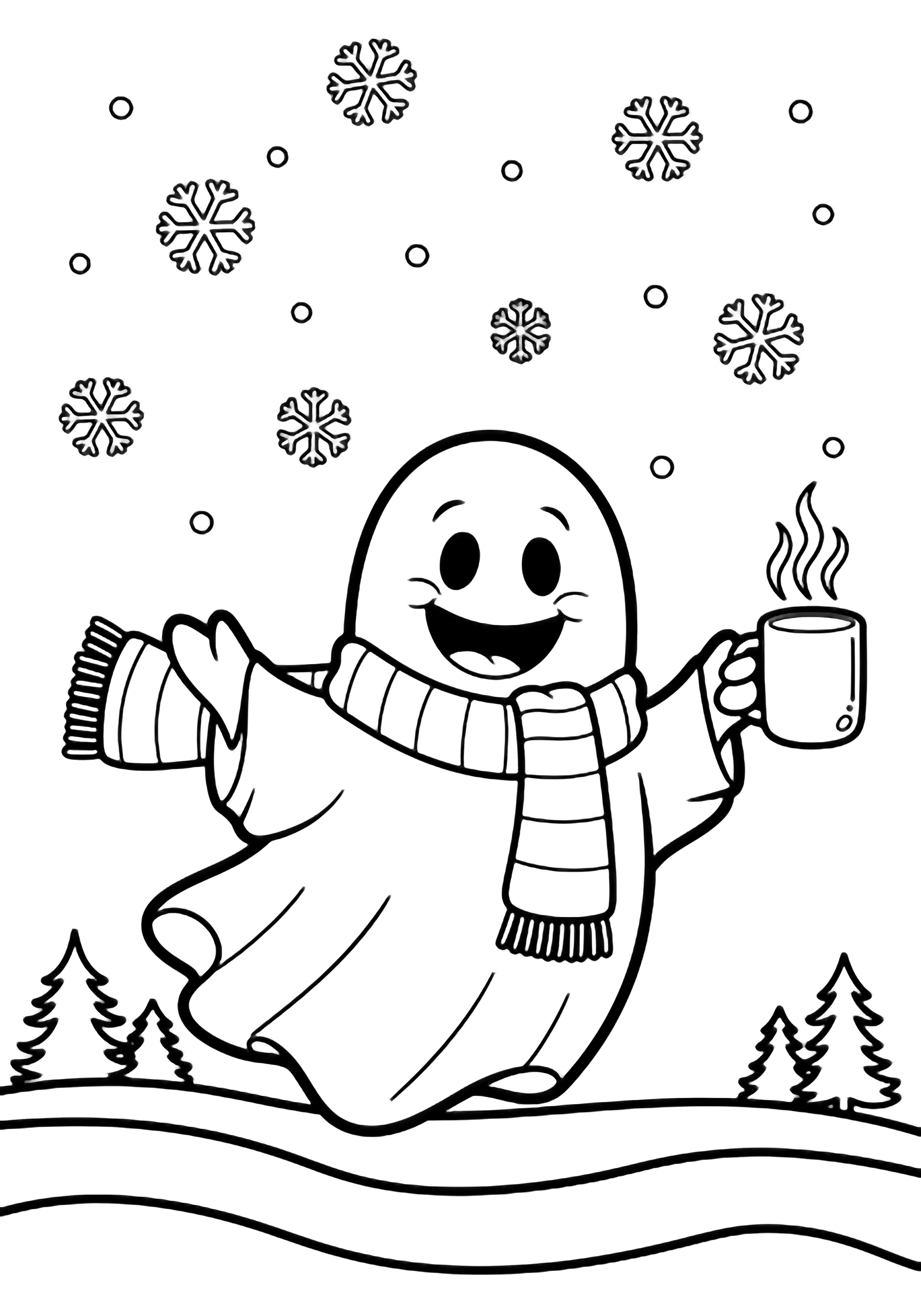 A cheerful ghost with arms wide, striped scarf fluttering, cradles a steaming cup while snowflakes swirl around; a tiny pine and ground line complete the wintry moment. kleurplaat
