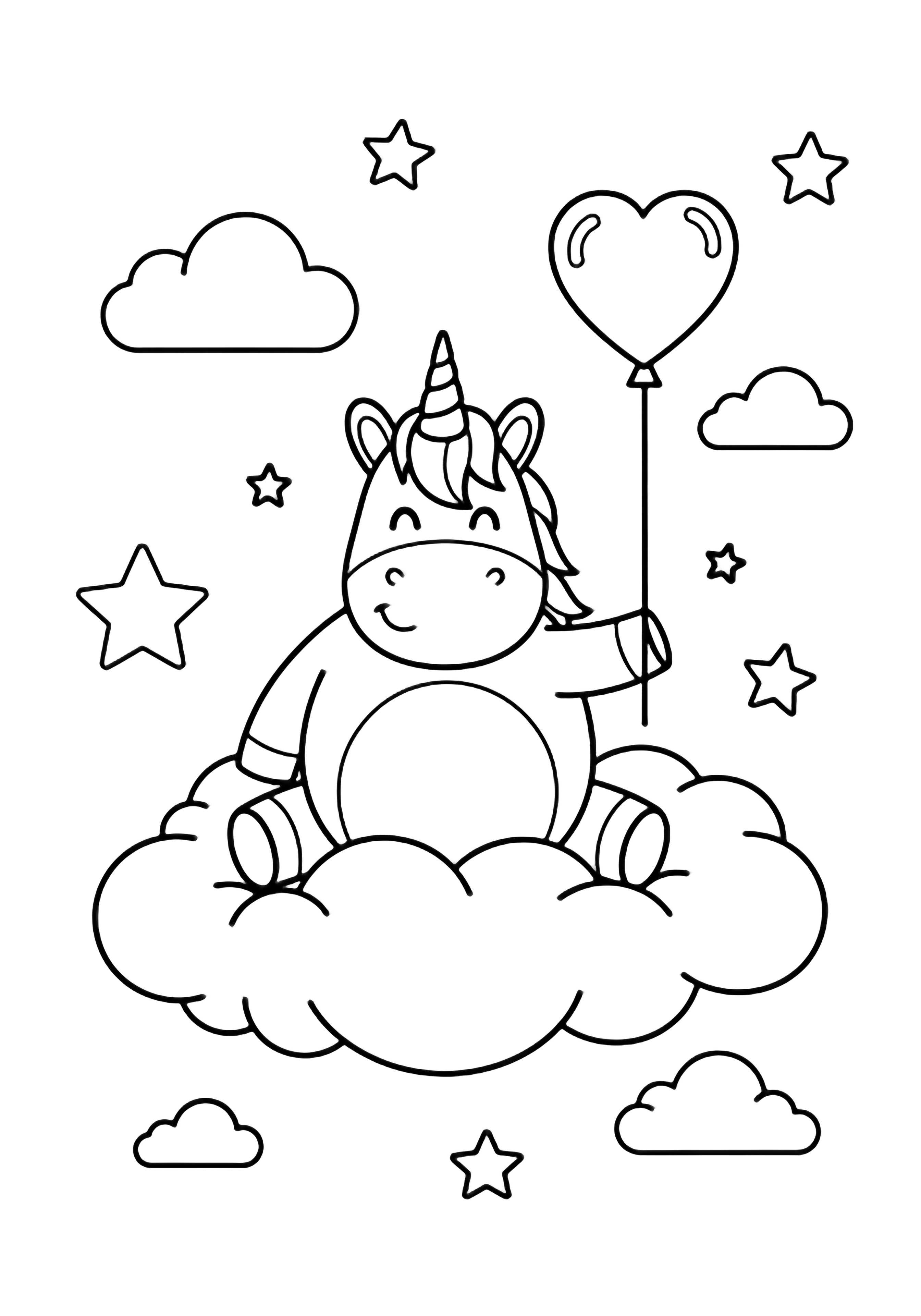 A smiling unicorn with a plump spiral horn sits on a puffy cloud, holding a heart-shaped balloon, surrounded by simple stars and tiny clouds. kleurplaat