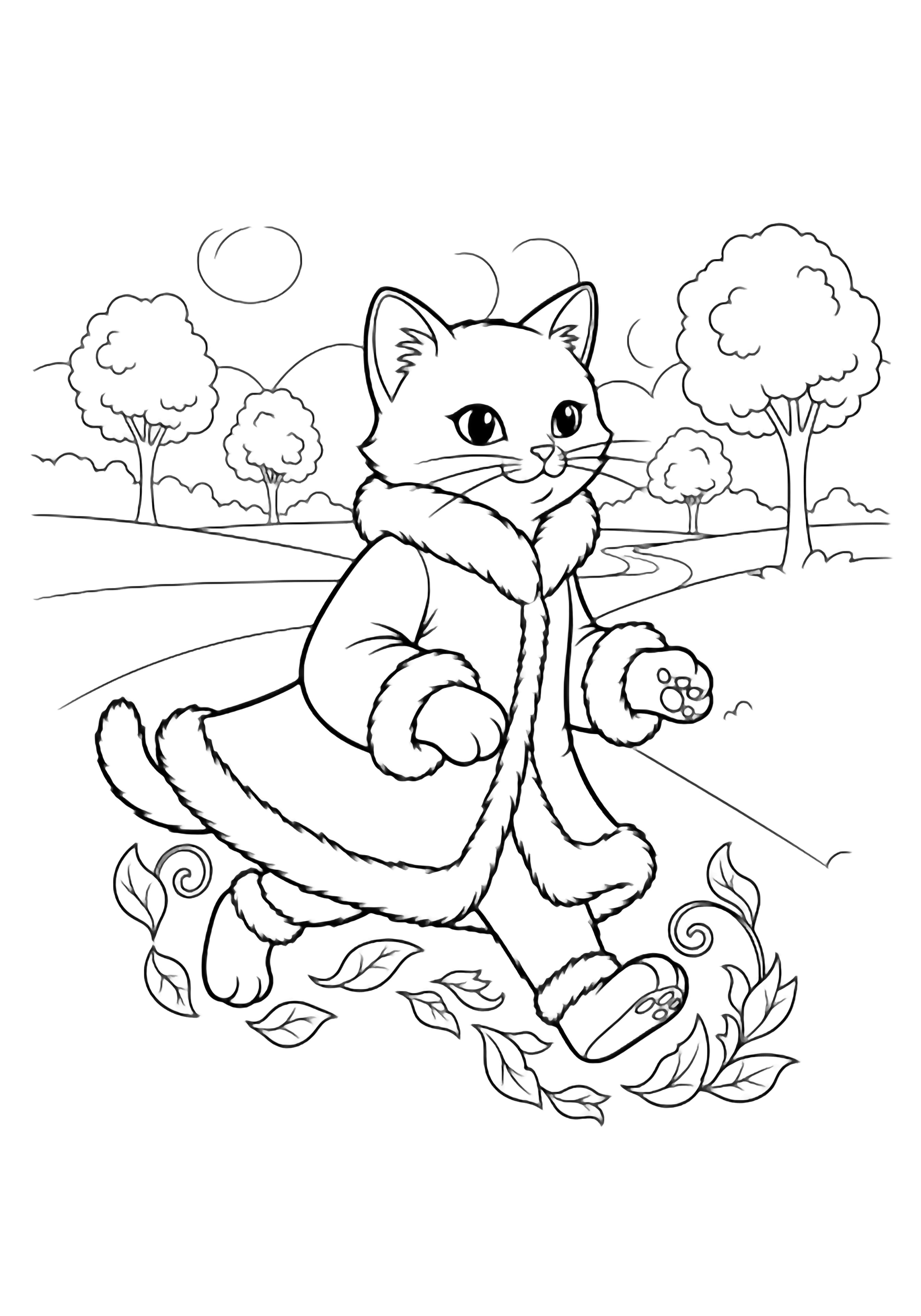 Kitty Queen strides along a path, her fluffy coat hem bouncing as autumn leaves swirl around her paws, simple trees framing the scene. kleurplaat