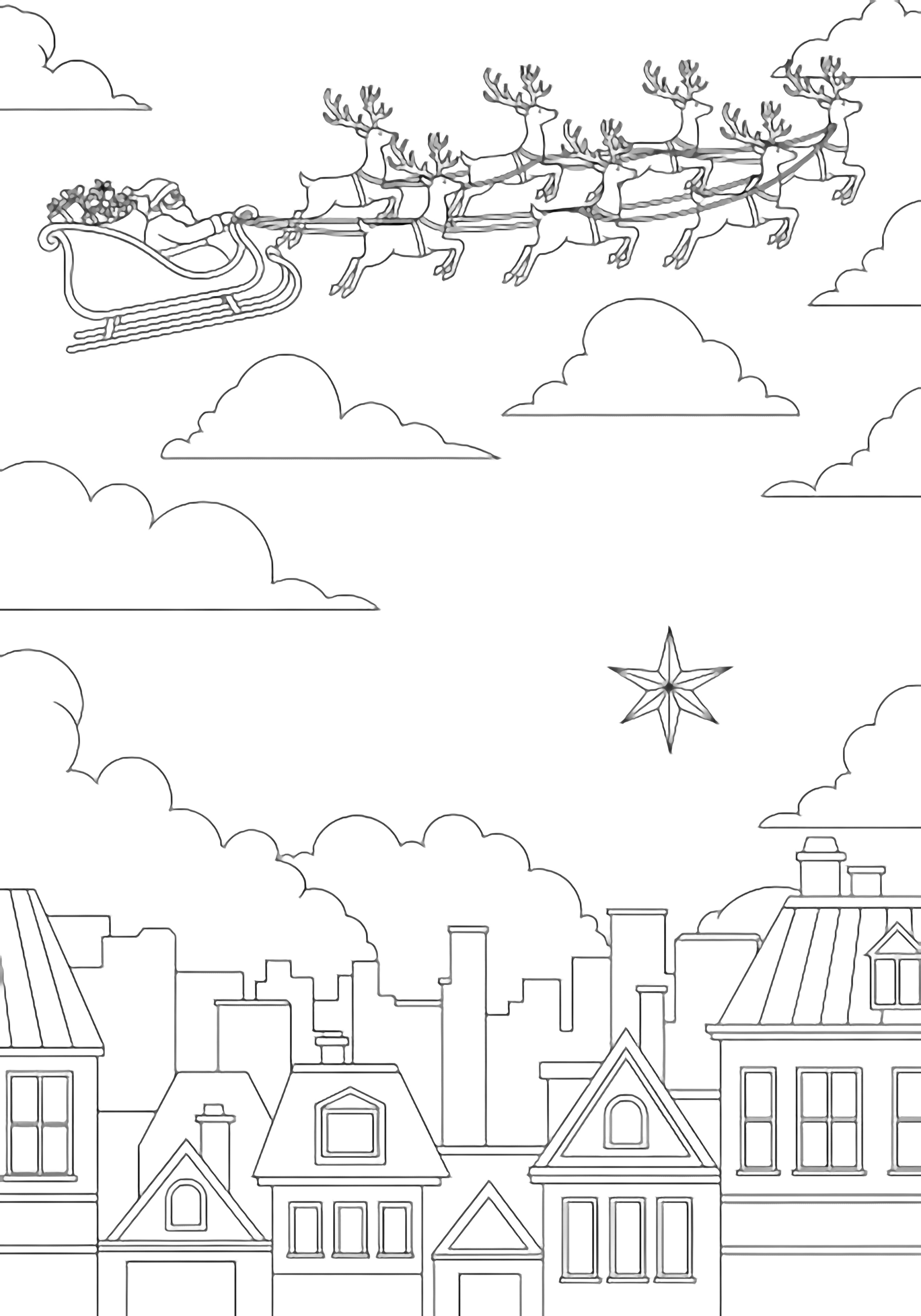 Santa's sleigh and eight reindeer soar above quiet town rooftops, blank windows, empty streets, and one large star in the sky. kleurplaat