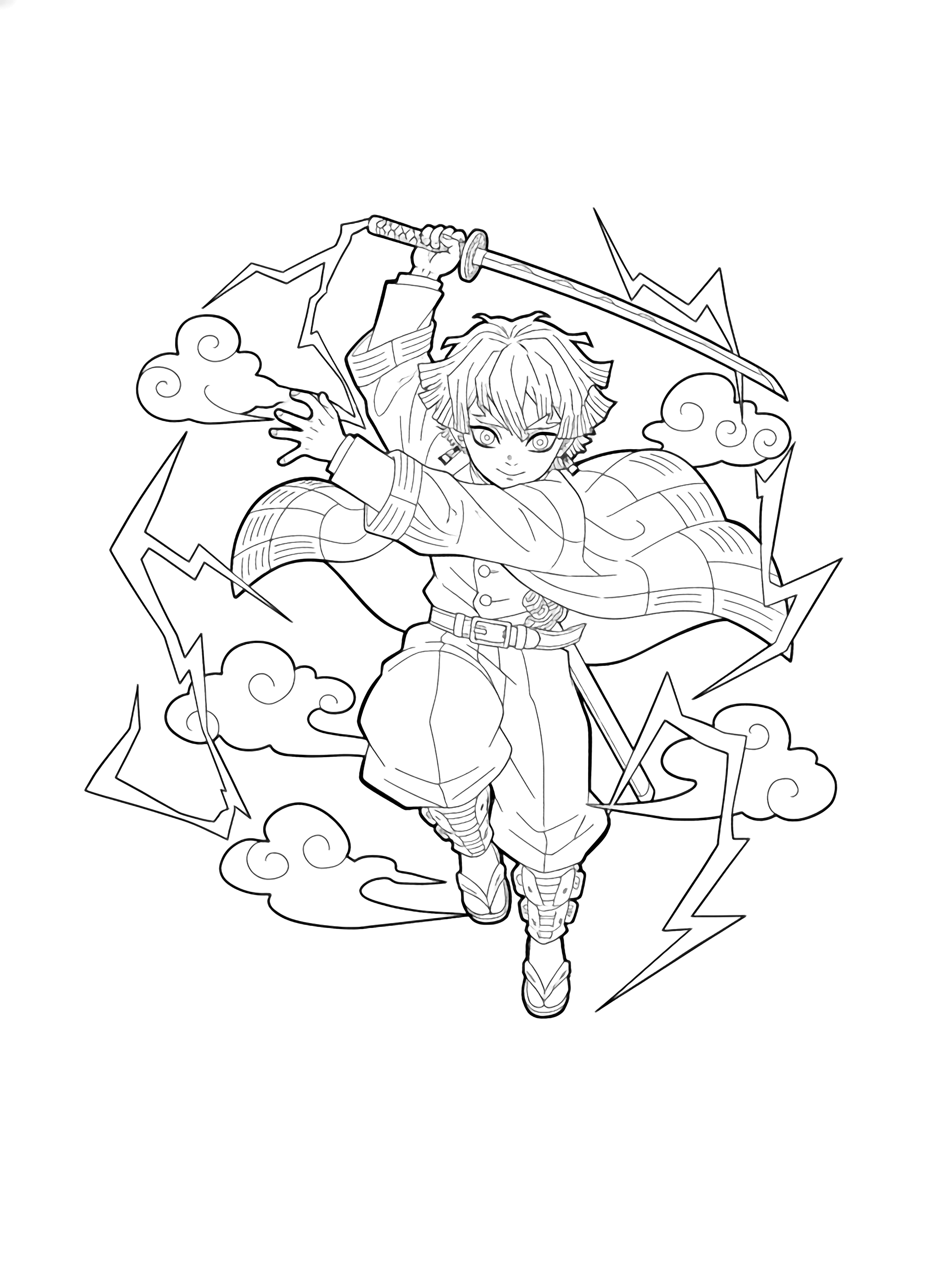 Zenitsu leaps through the air, sword overhead, hair and cloak streaming; jagged lightning and soft clouds swirl around him. kleurplaat