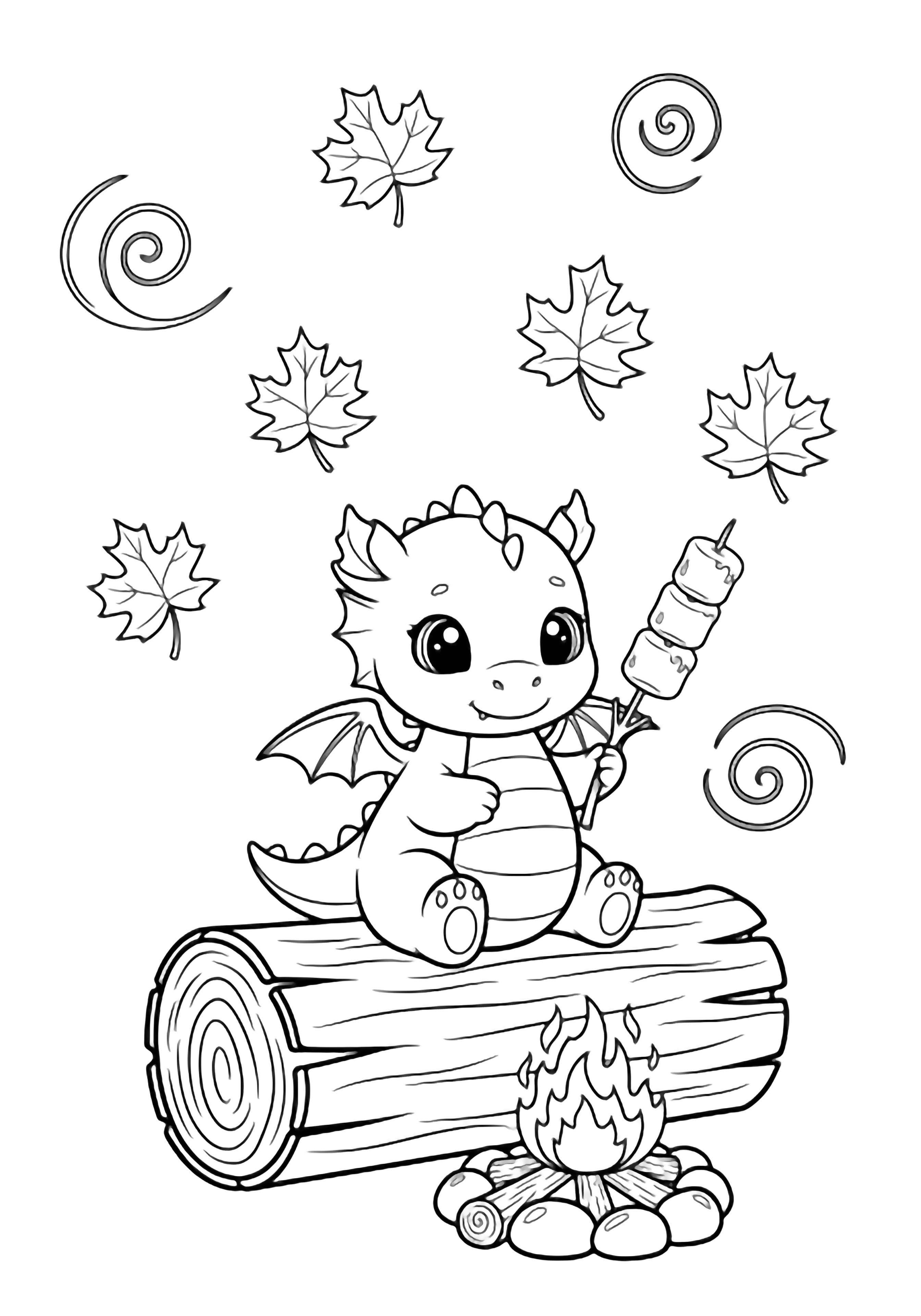 Kawaii baby dragon on a log, wings up, toasting three marshmallows over a tiny campfire; five swirling maple leaves drift around. kleurplaat