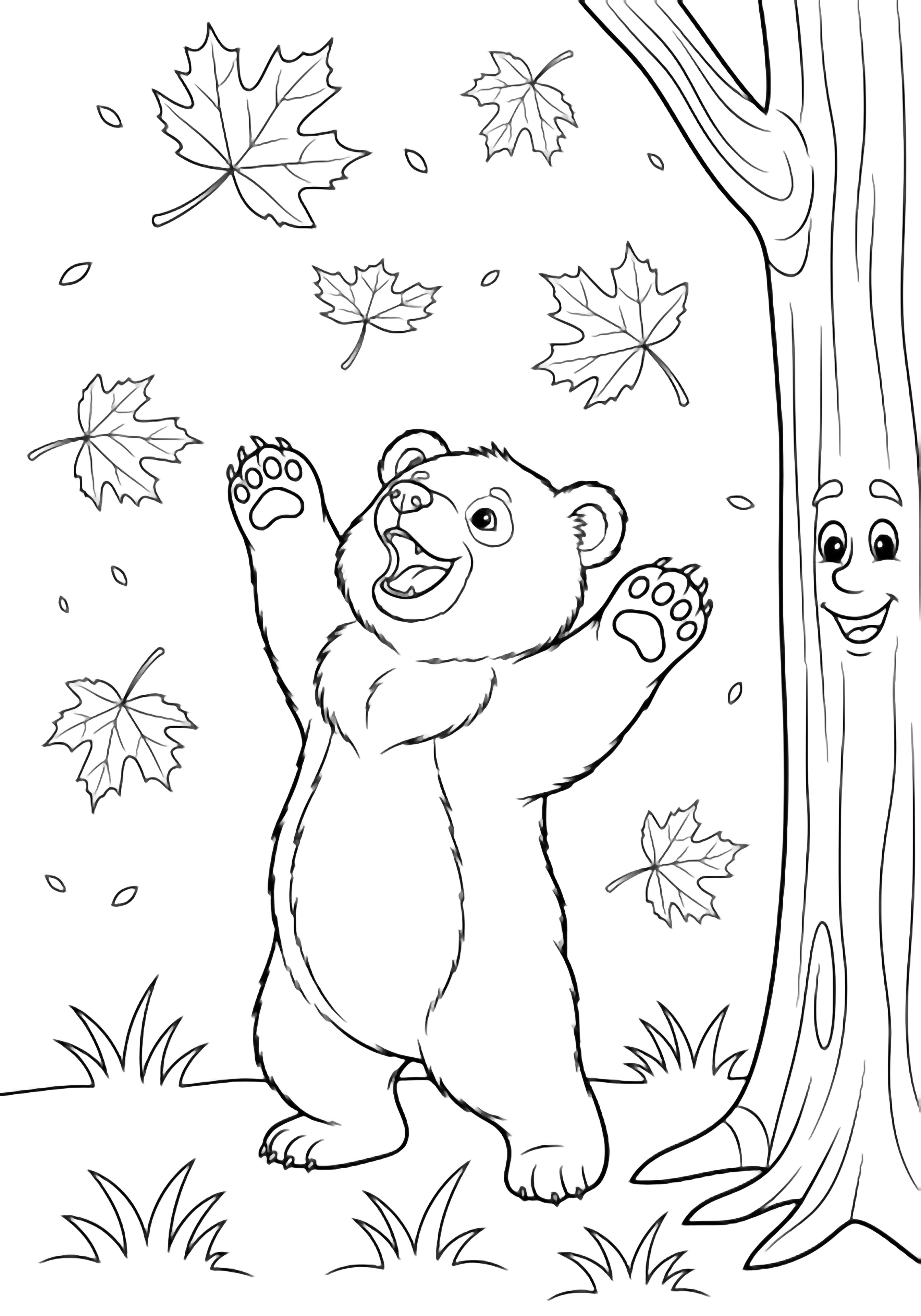 A cheerful bear cub stands on its hind legs, reaching up joyfully as maple leaves float around; tufts of grass and a smiling tree trunk complete the scene. kleurplaat