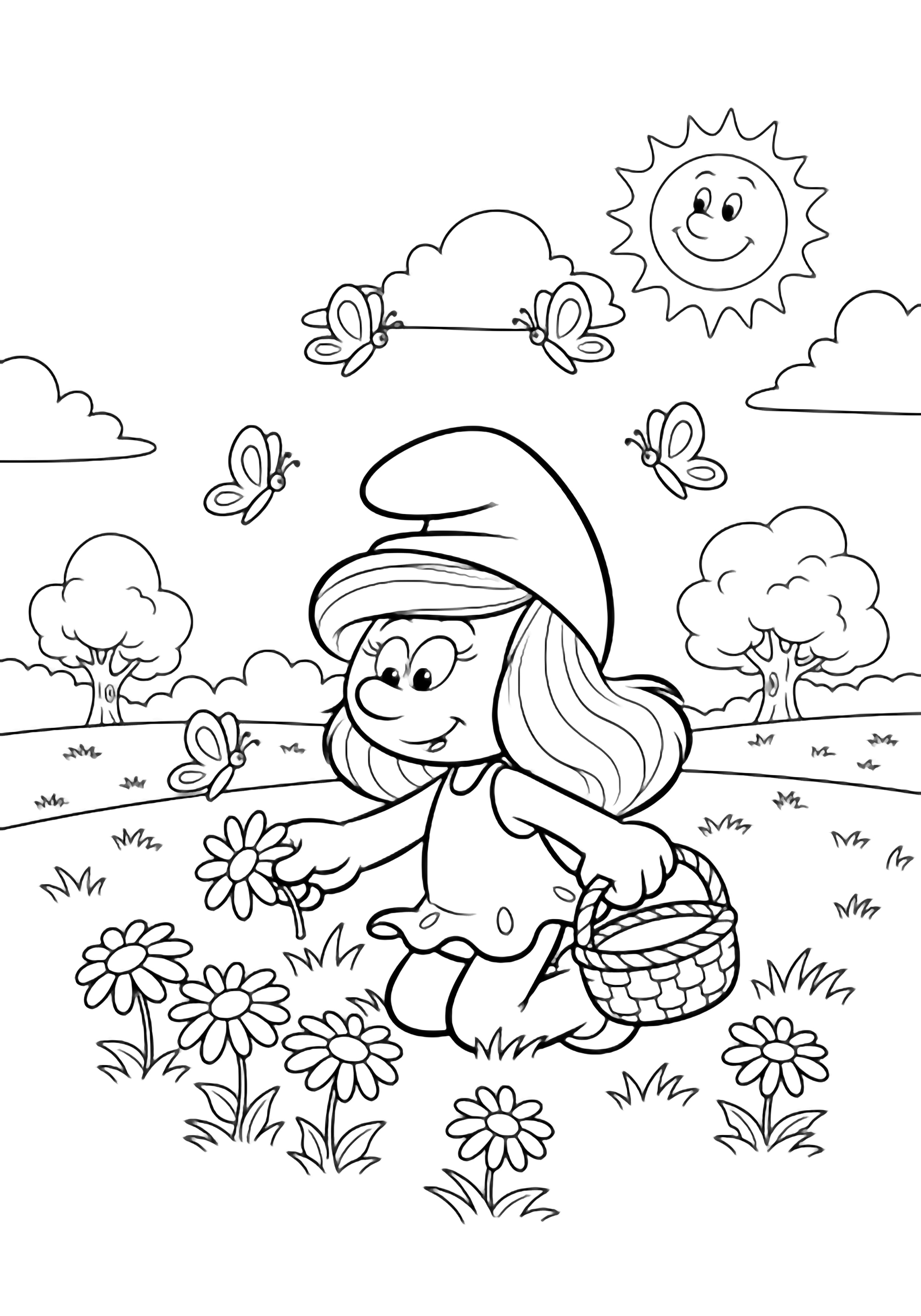Smurfette kneels in a meadow, basket in hand, plucking daisies while butterflies flutter nearby; distant trees and a smiling sun face above. kleurplaat
