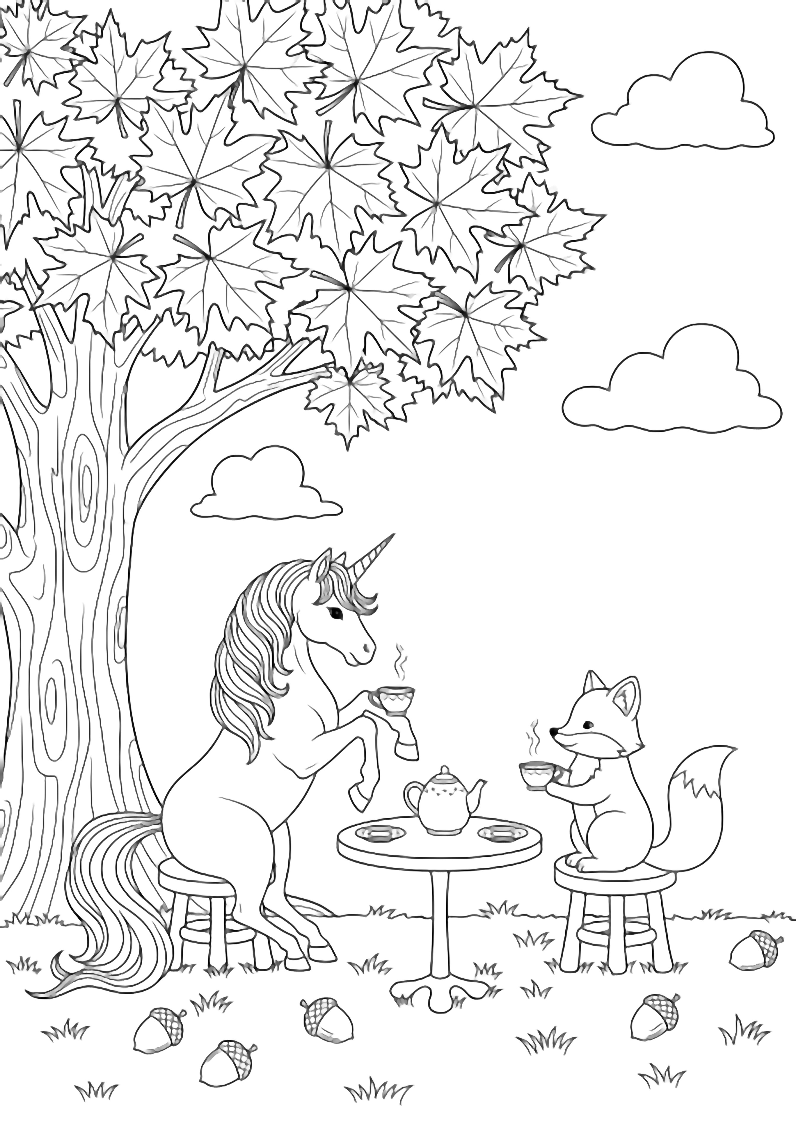 Unicorn and fox have tea under a maple tree; acorns on grass, clouds above kleurplaat