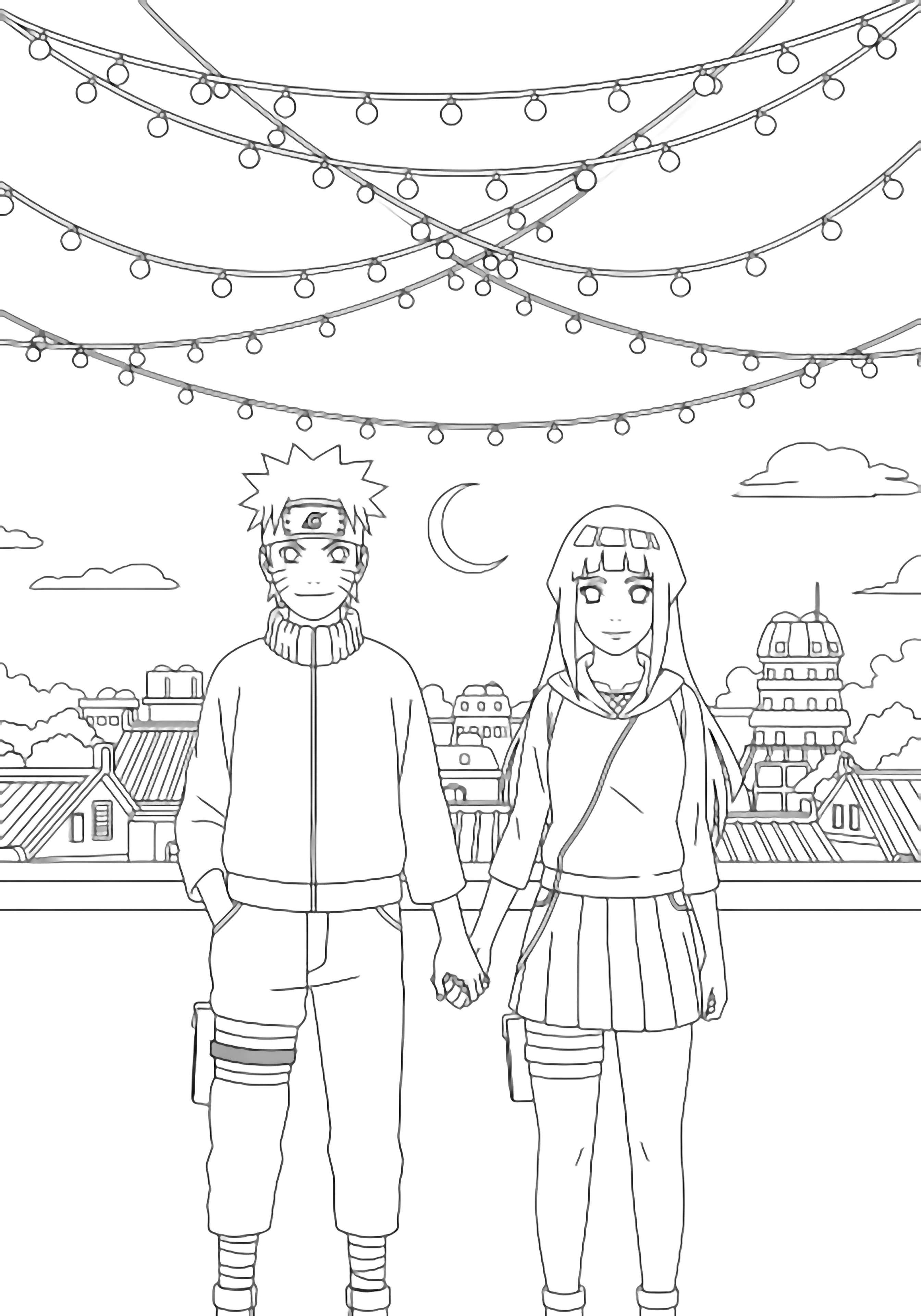 Naruto and Hinata hold hands beneath hanging string lights, Konoha rooftops and a simple moon behind them. kleurplaat