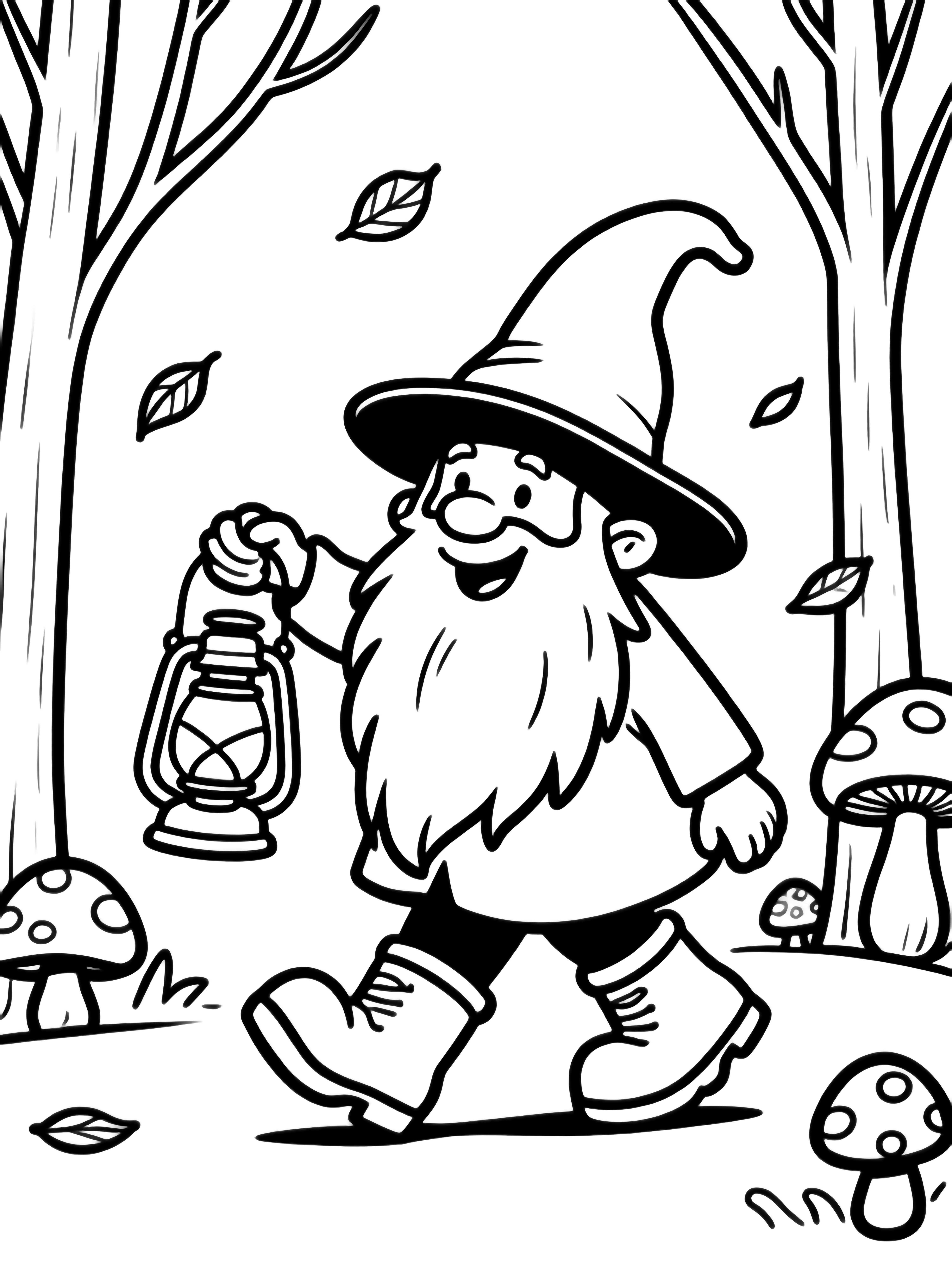 A cheerful gnome with a tall open hat walks forward holding a lantern, wearing chunky boots, flowing beard, surrounded by tall slender trees, oversized mushrooms, and drifting leaves. kleurplaat