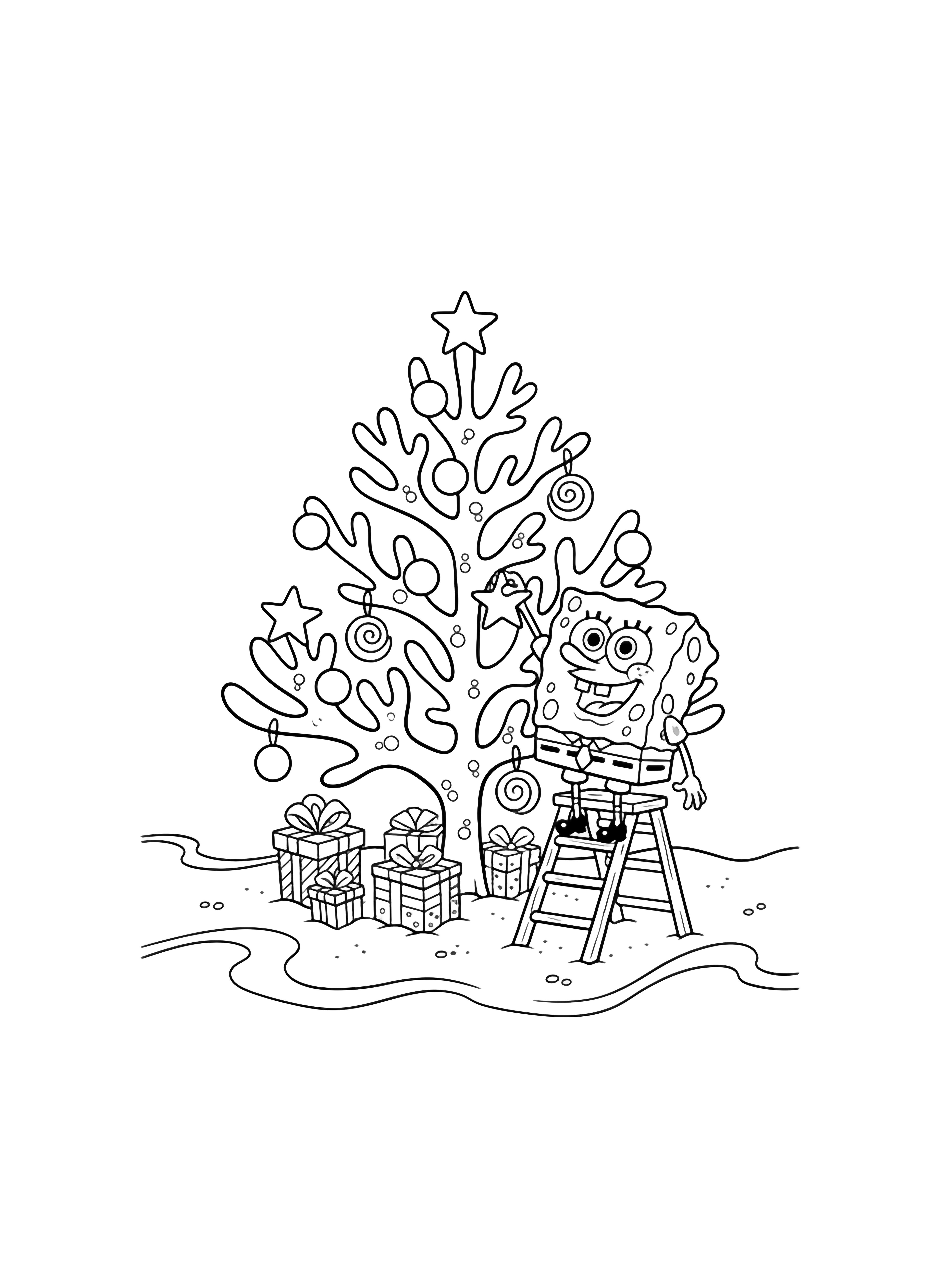 Cheerful SpongeBob on a short ladder hangs star-shaped jellyfish ornaments on a branching coral Christmas tree, surrounded by reef gift boxes and gentle waves. kleurplaat