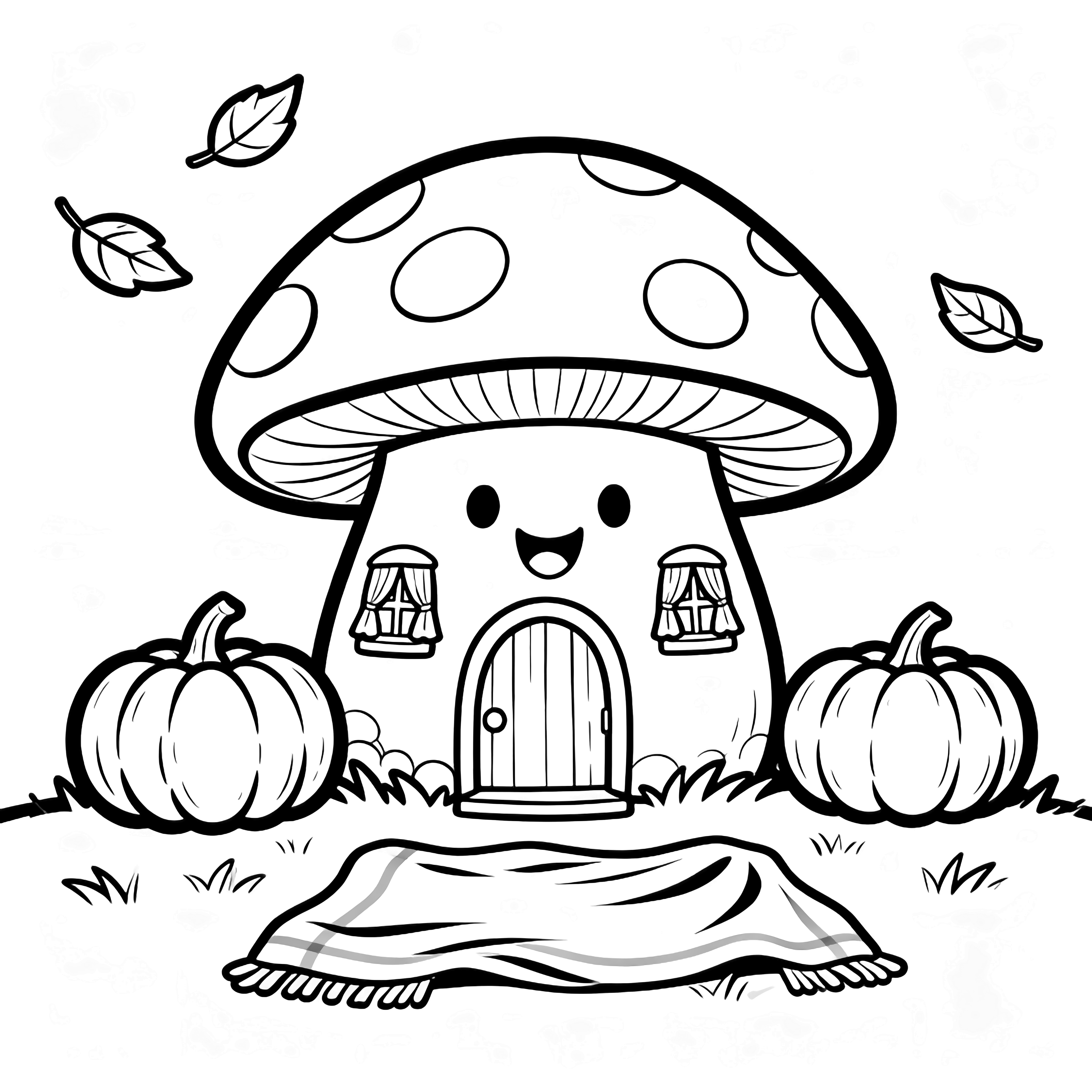 A smiling toadstool cottage with curtained windows, three pumpkins, a draped blanket, and drifting leaves. kleurplaat