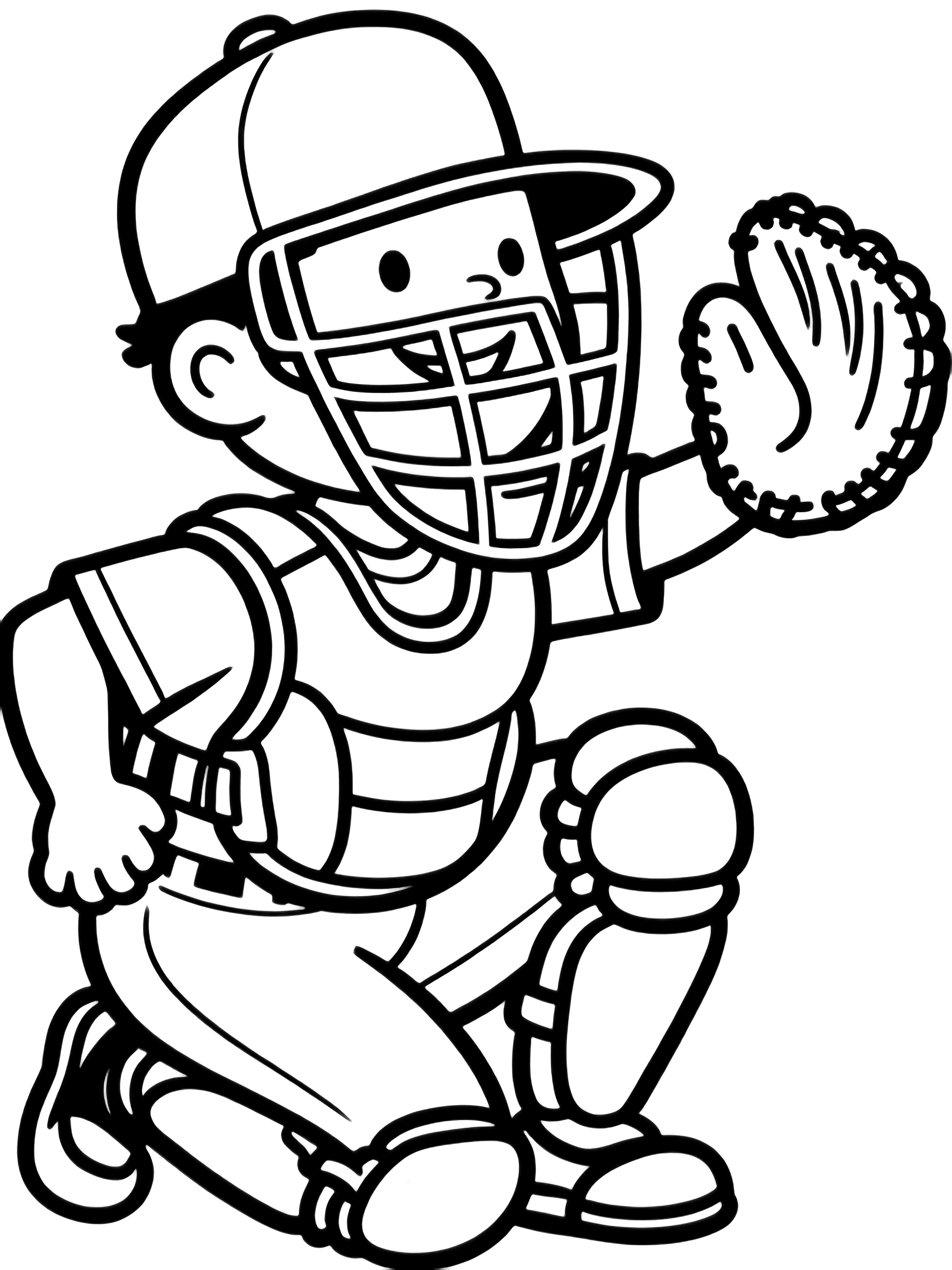 A smiling baseball catcher crouches with his mitt open wide and mask tipped up, wearing full uniform and gear. kleurplaat