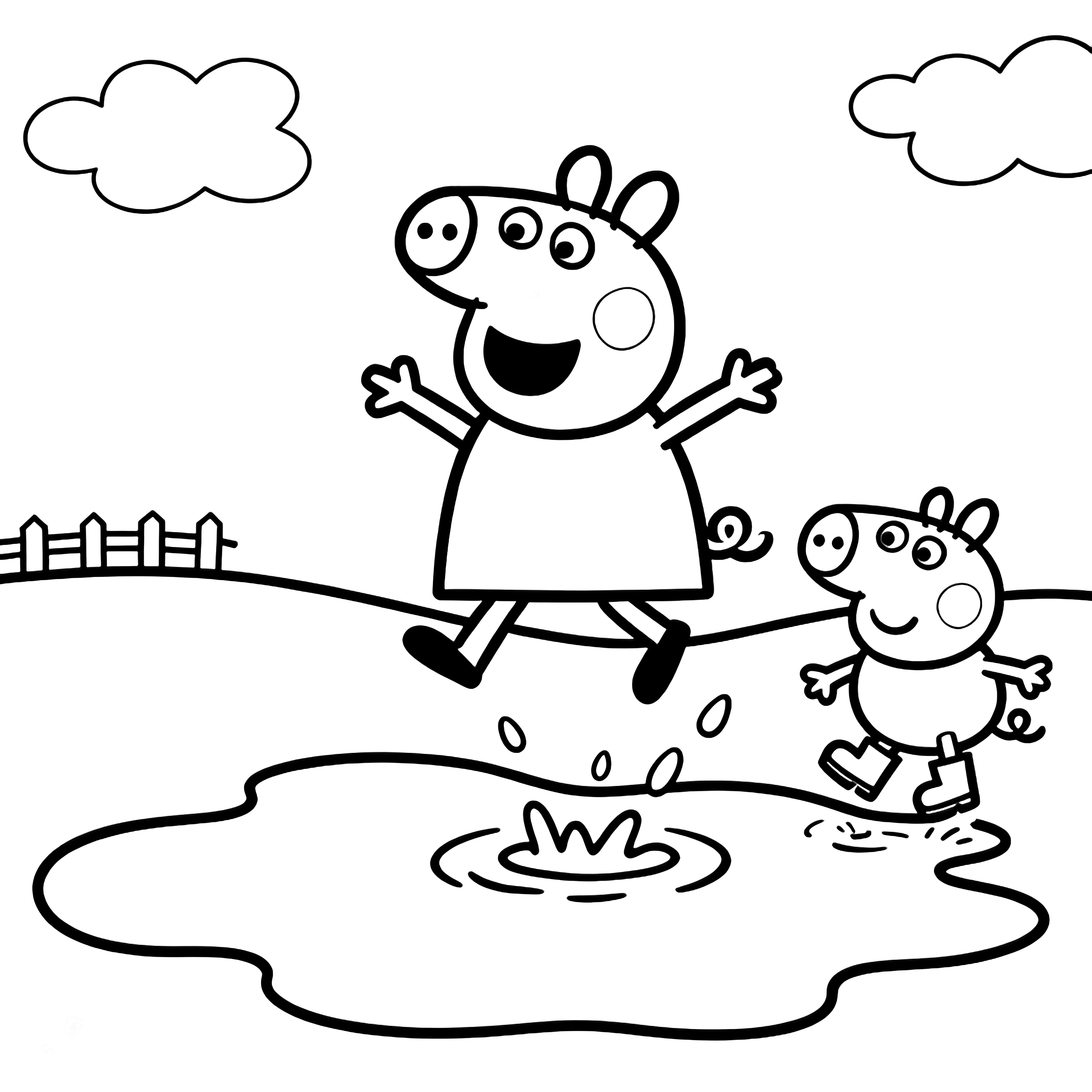Peppa Pig leaps joyfully over a giant puddle while George hops beside her, boots splashing water, with a wavy ground, distant fence, and clouds. kleurplaat