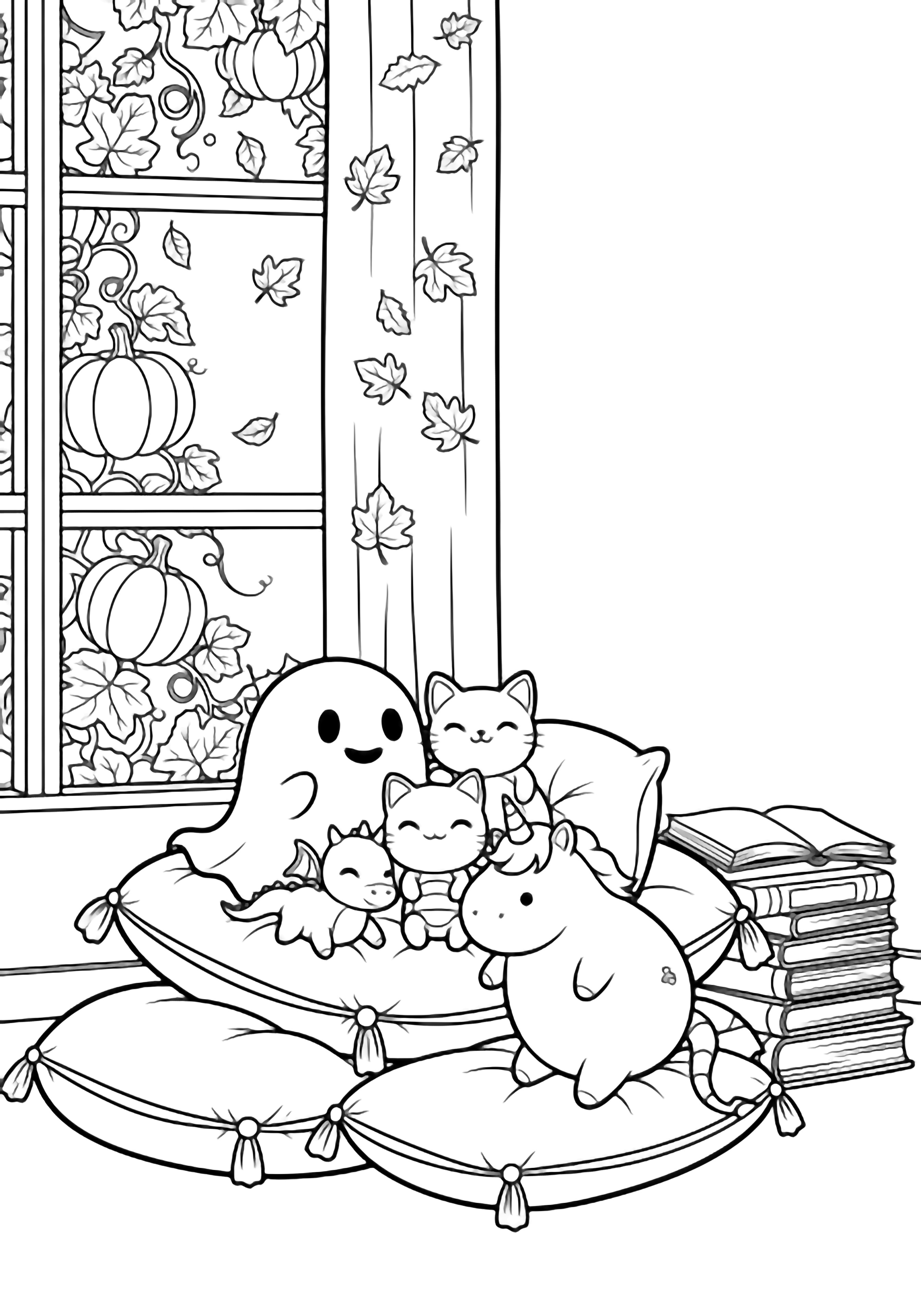 Chubby ghost, smiling cat, tiny dragon, and round unicorn cuddle on pillow piles under a window with pumpkin vines, drifting leaves, and stacked open books. kleurplaat