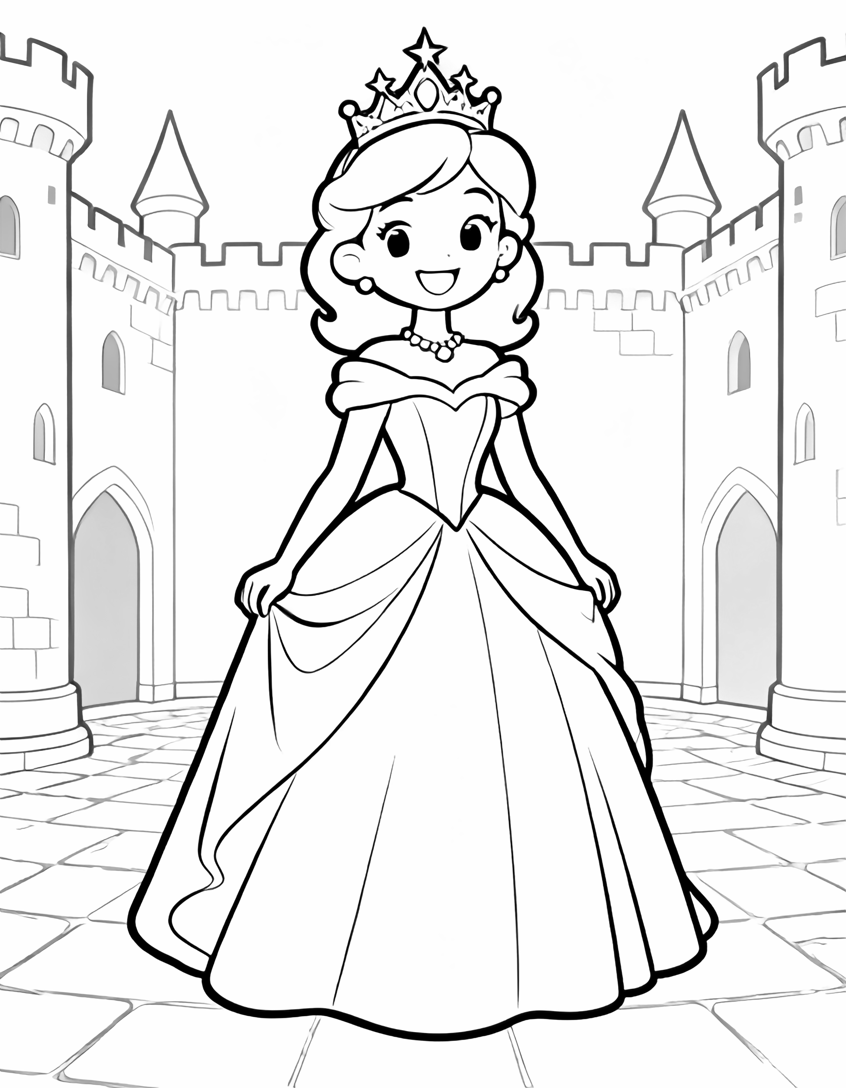 Lachende prinses in vloeiende jurk en tiara, staand in een eenvoudig kasteelplein kleurplaat
