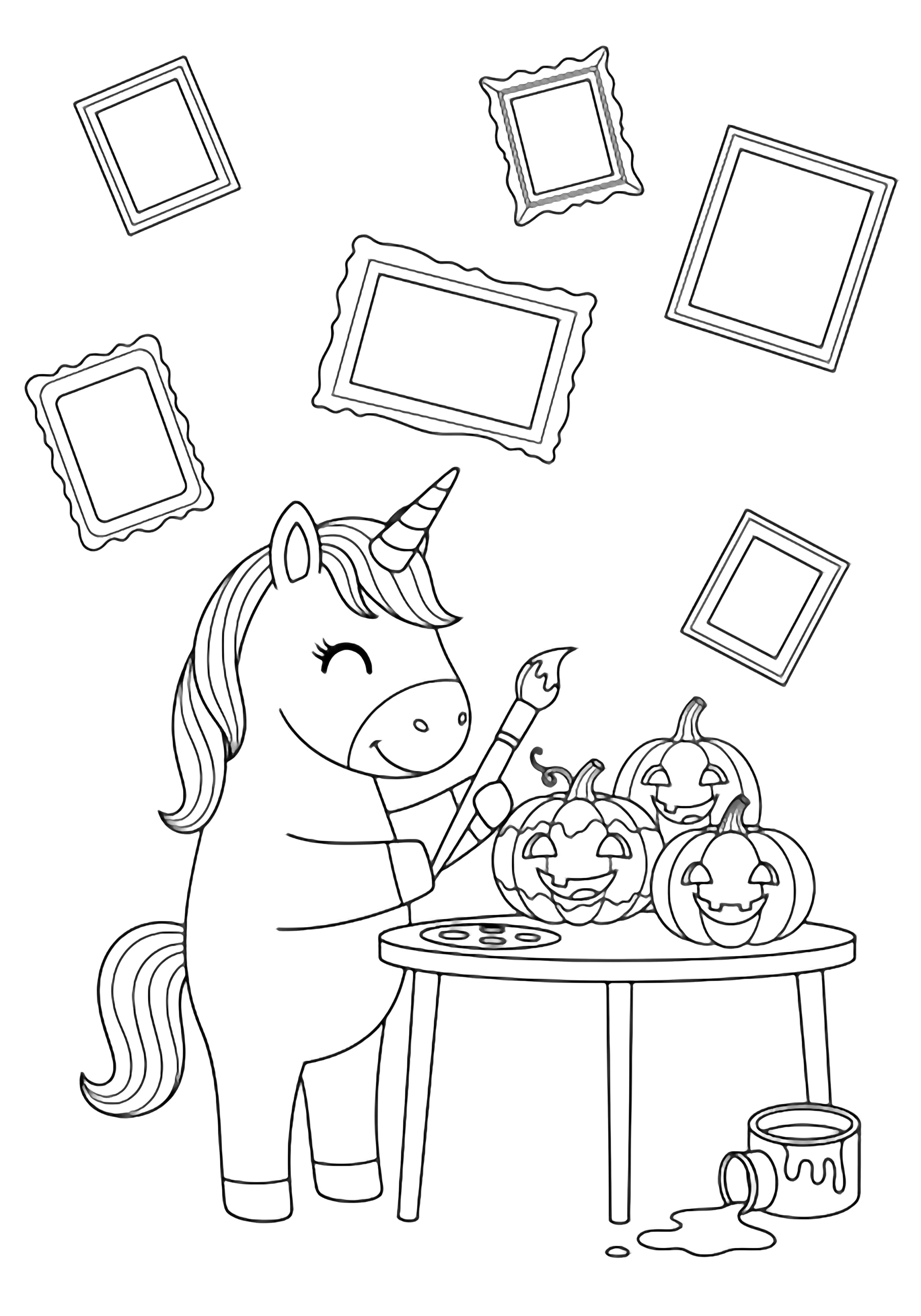 A smiling unicorn paints happy pumpkins at a tiny table; empty frames and a tipped paint pot surround it. kleurplaat