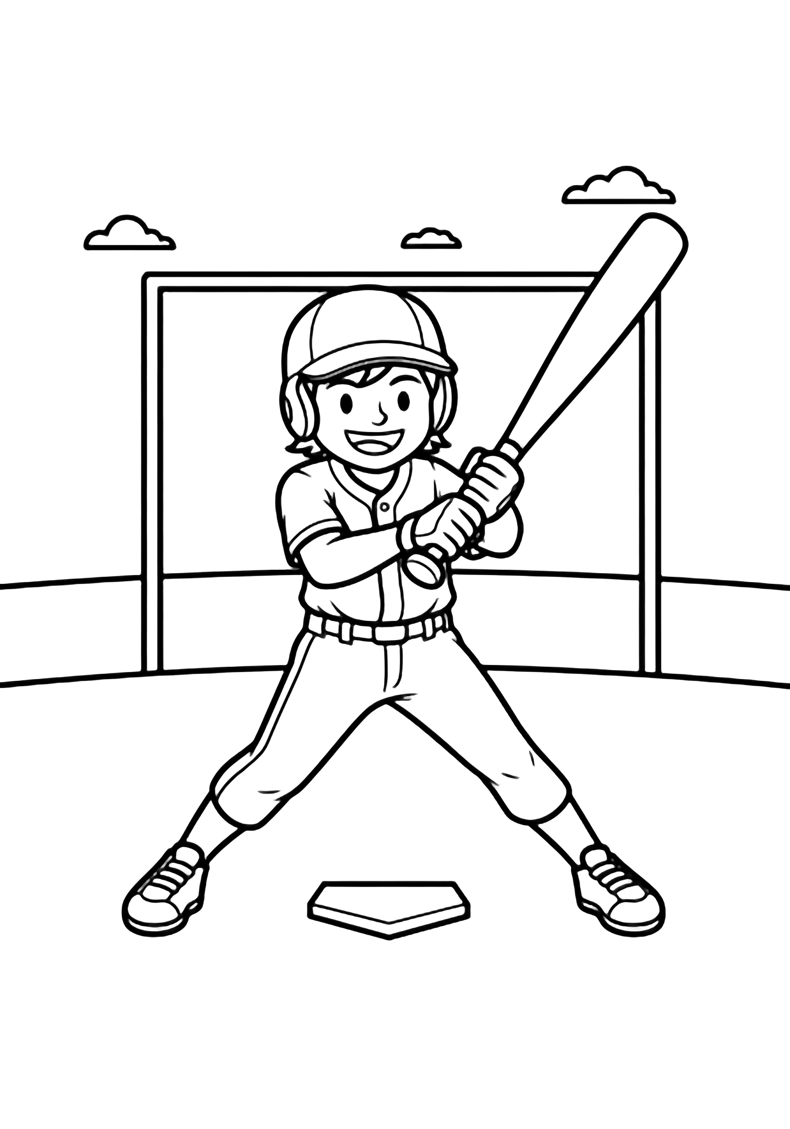 Smiling young batter mid-swing, wide stance, gripping bat; home plate, backstop frame, tiny clouds. kleurplaat