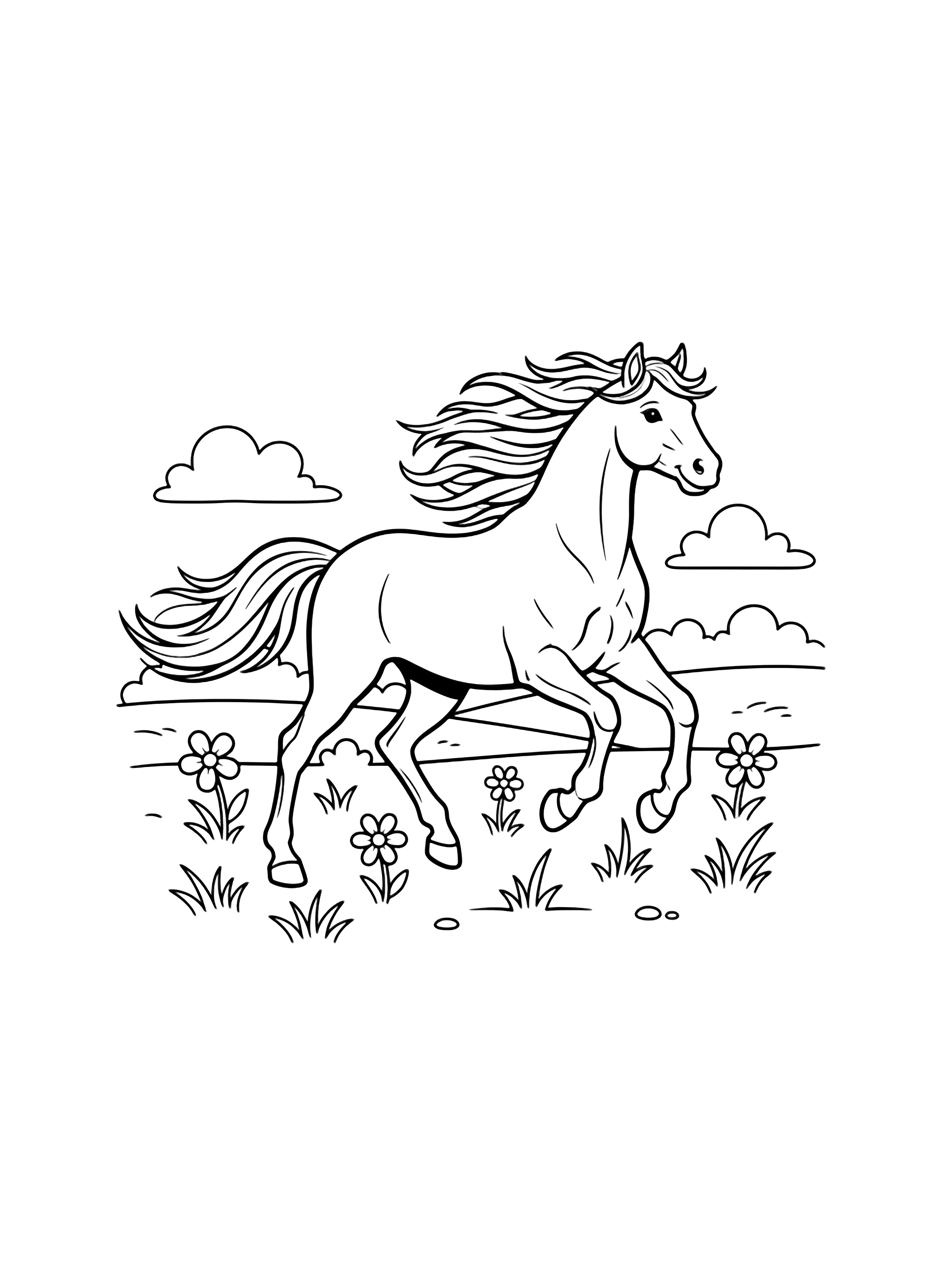 A joyful horse gallops across an open meadow, its mane and tail flowing, surrounded by simple flowers and grass. kleurplaat