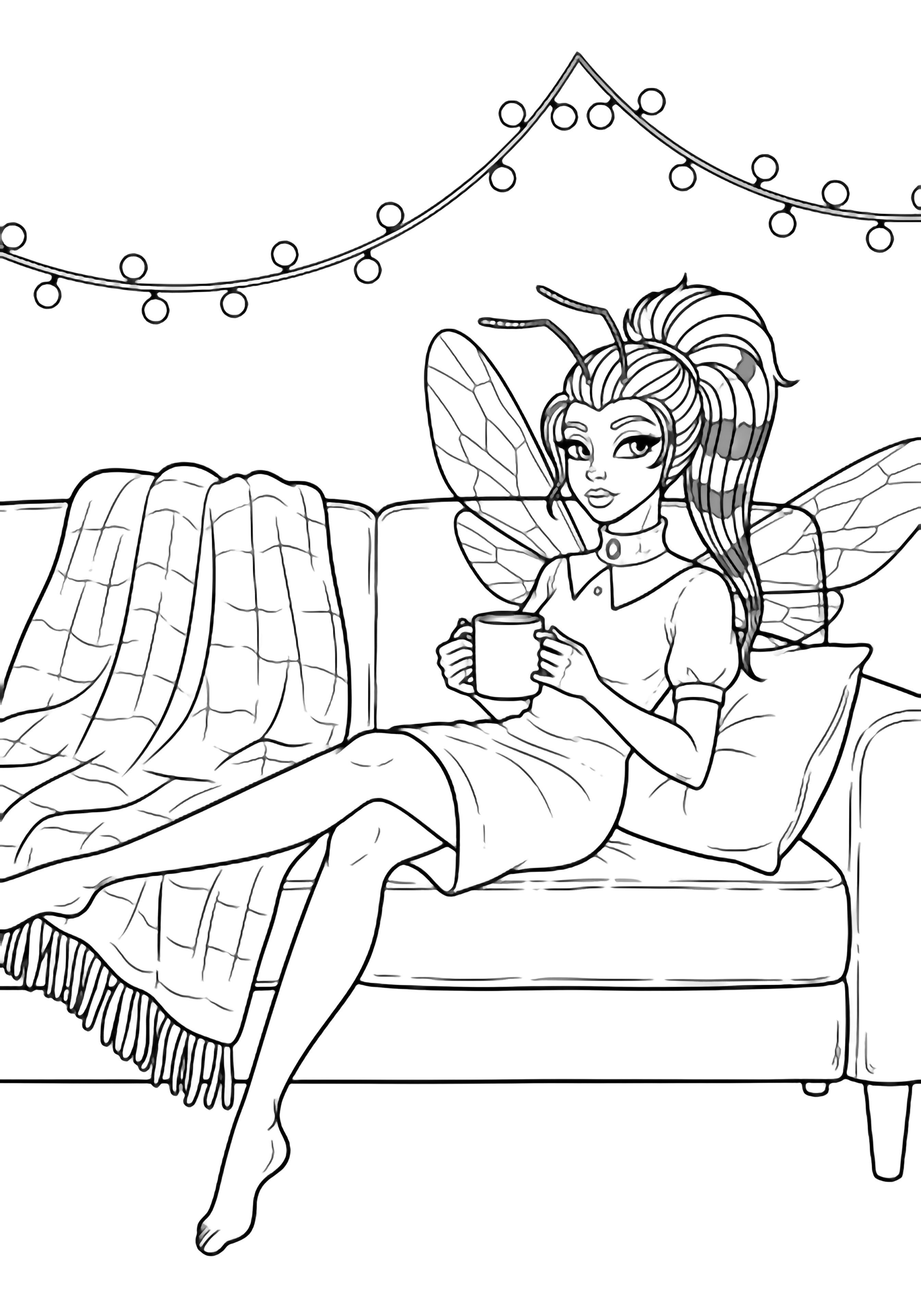 Queen Bee relaxes on a sofa, hair in a high ponytail, holding an empty mug, blankets draped behind, fairy lights curving overhead. kleurplaat