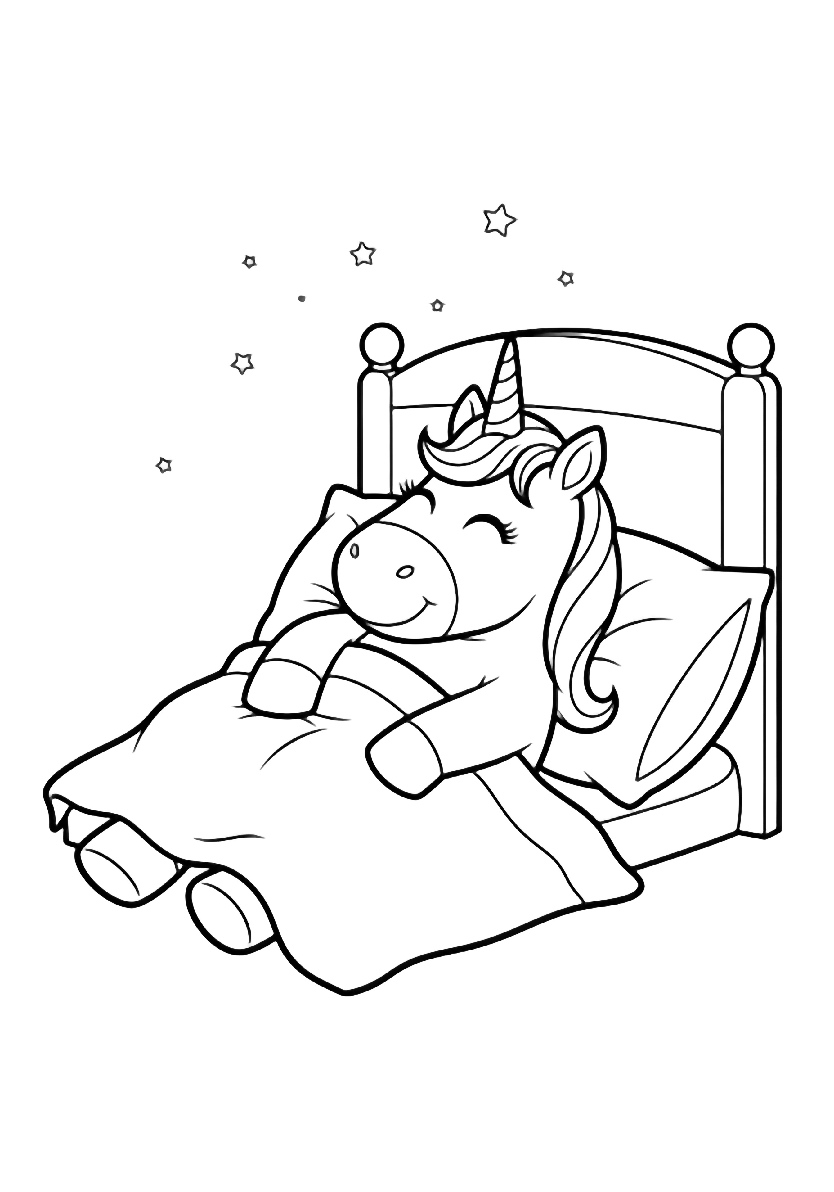 A smiling unicorn lounges on a blanket with its head on a pillow, tiny stars drifting above a simple headboard. kleurplaat