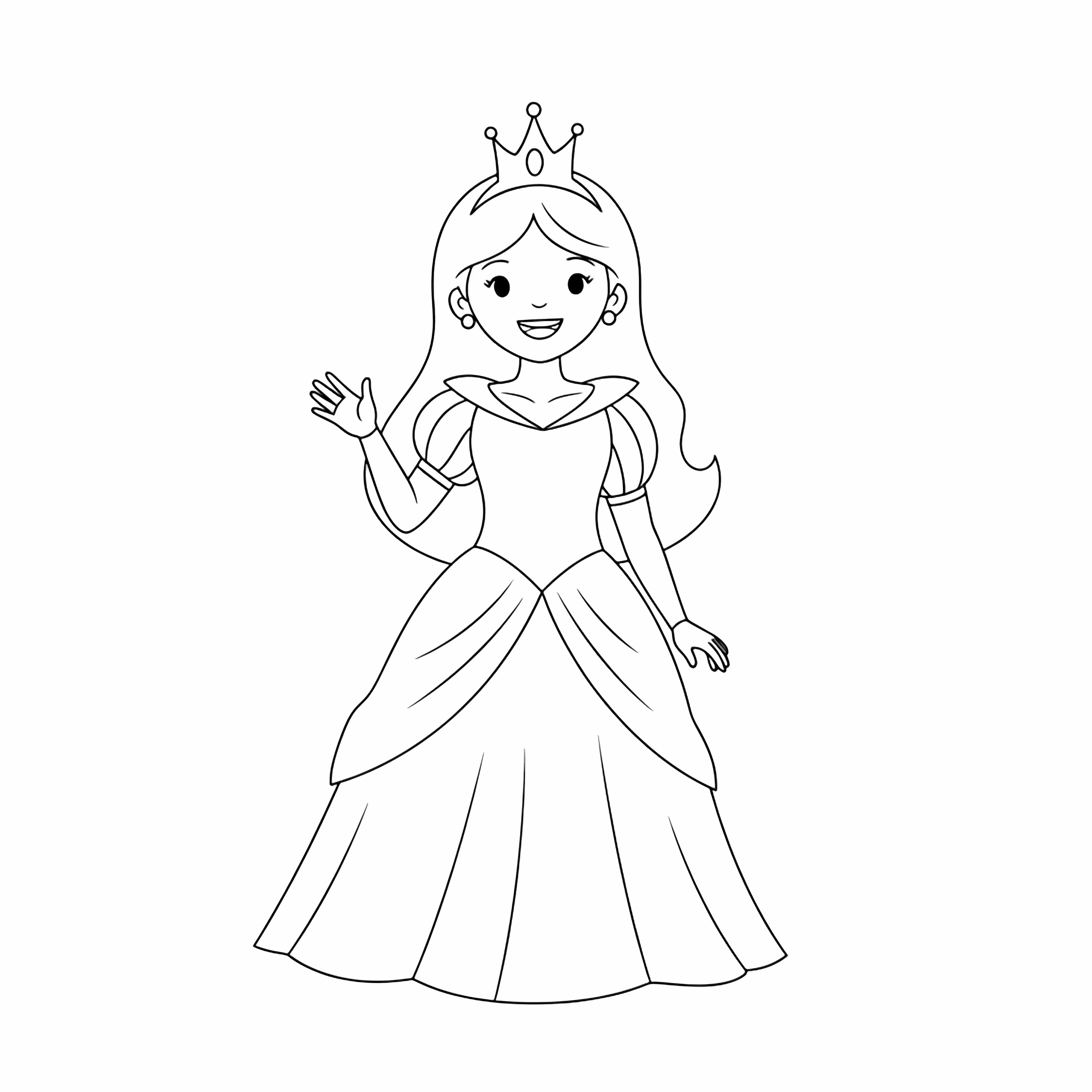 Smiling princess with crown and flowing gown waving cheerfully kleurplaat