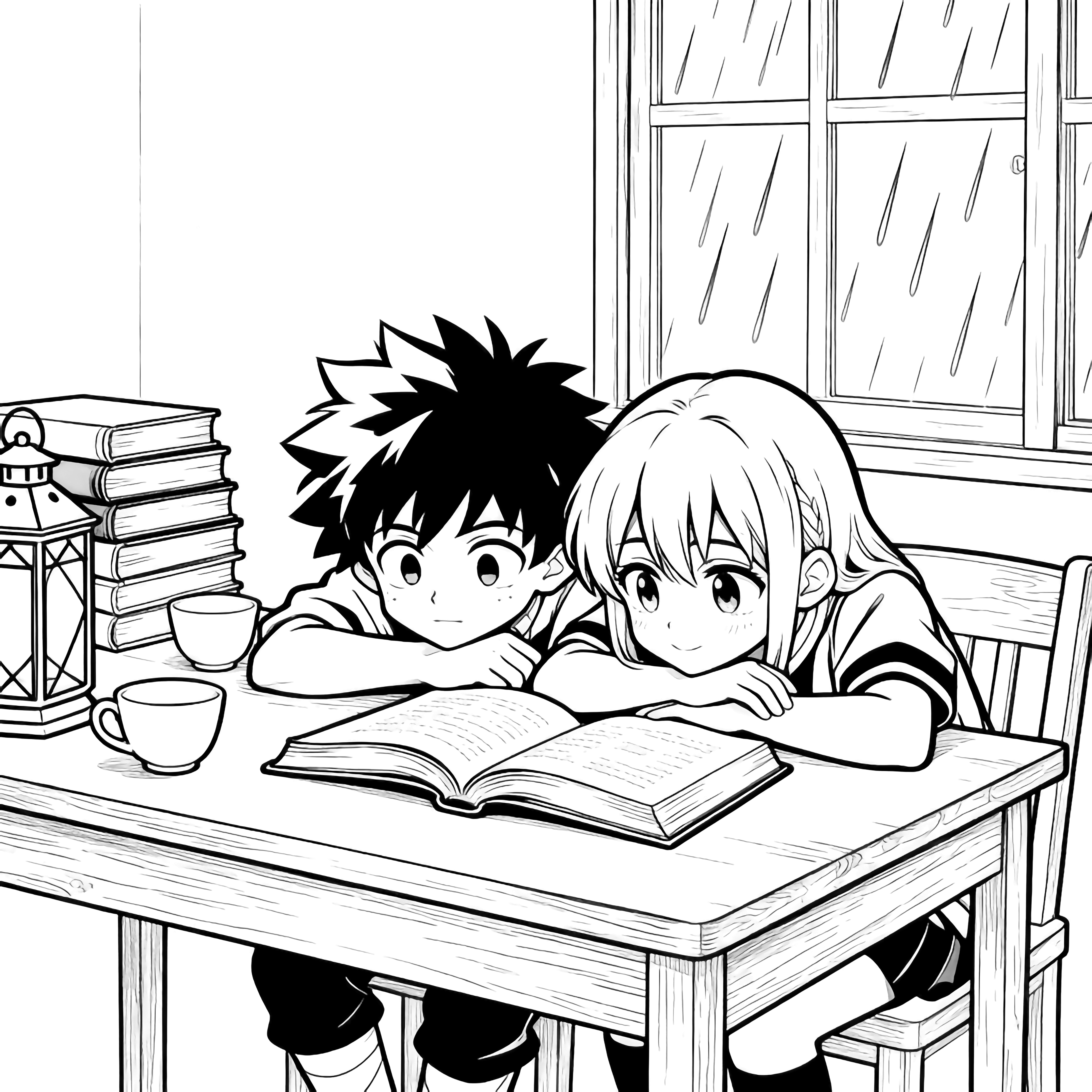 Deku and Uraraka lean over an open book on a wooden desk, stacked cups, books, lantern, rain-streaked window behind. kleurplaat