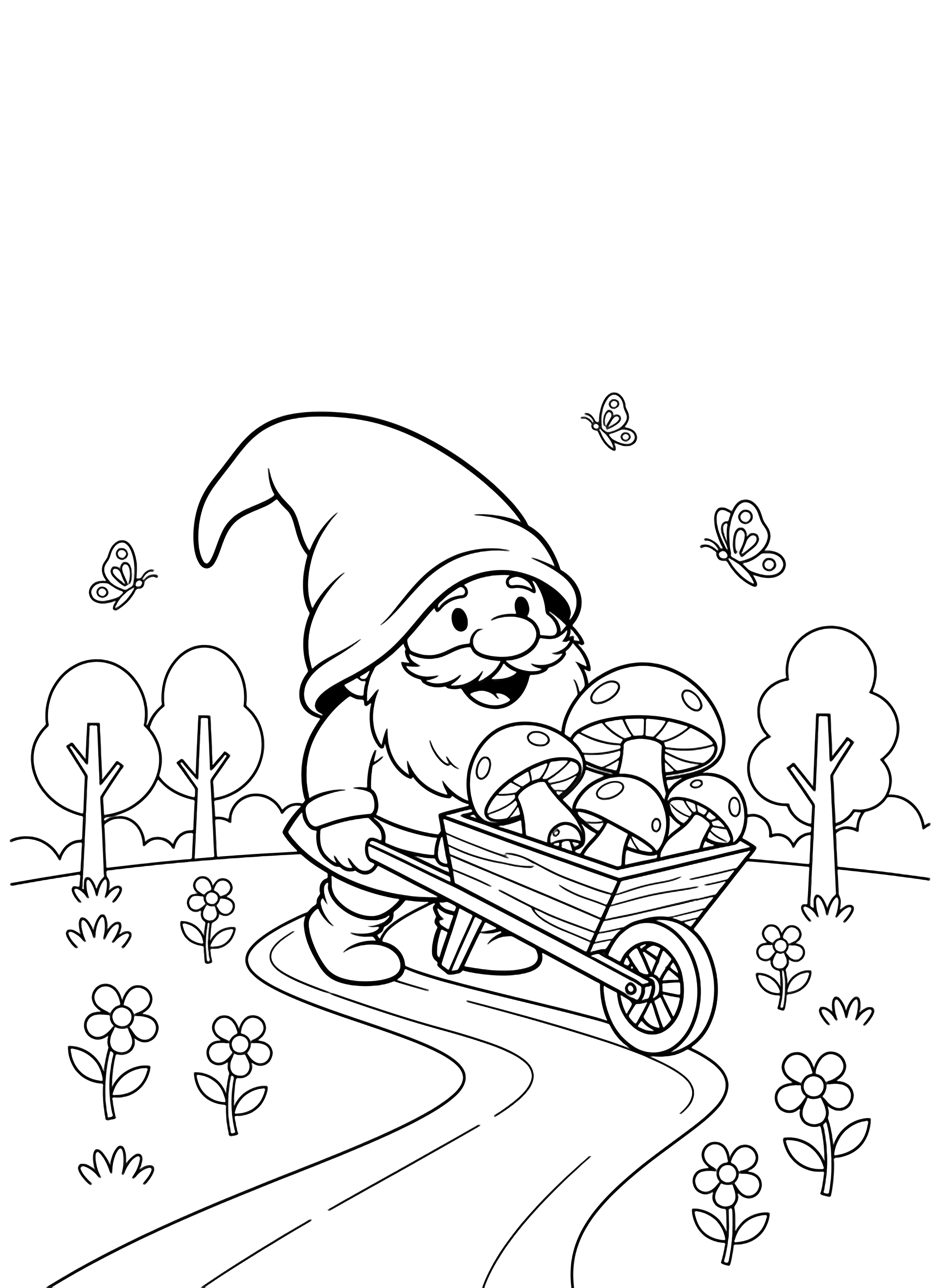 A cheerful gnome in a tall floppy hat pushes a wheelbarrow piled with big mushrooms along a winding forest path lined with trees, flowers, and butterflies. kleurplaat