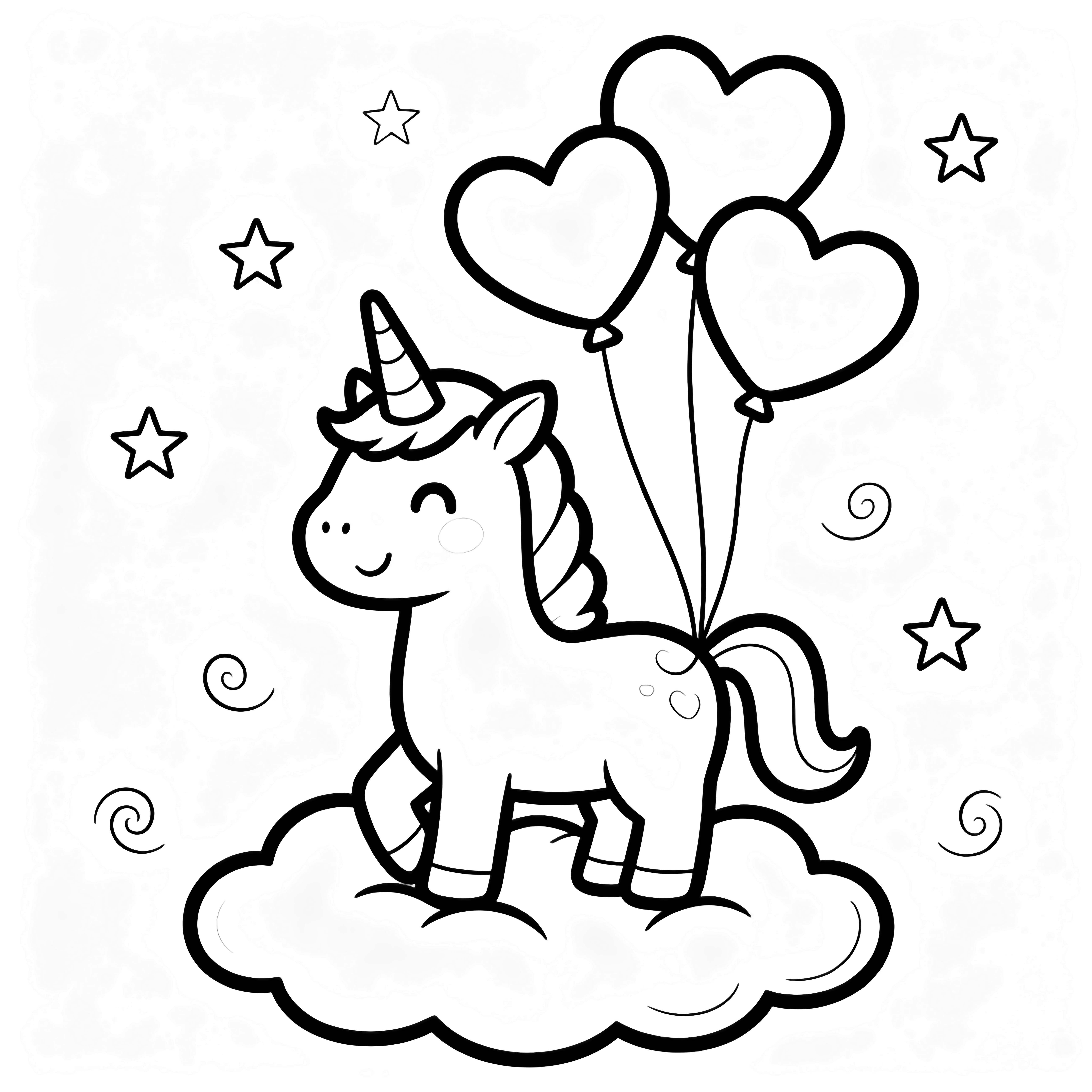 A smiling unicorn on a cloud holds three heart balloons; stars and curls drift around. kleurplaat