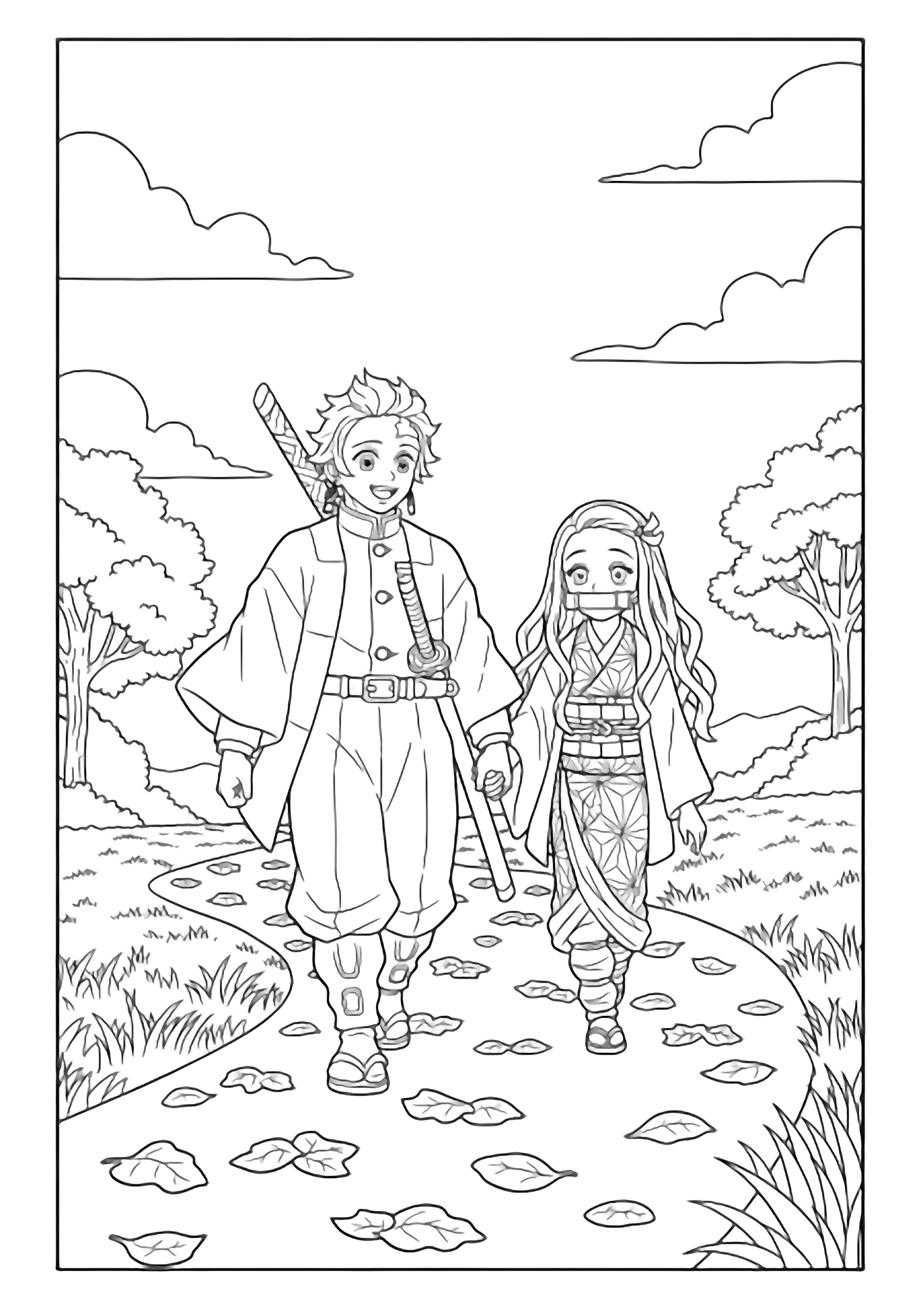 Tanjiro with sword on back walks hand-in-hand with kimonoed Nezuko along a leaf-strewn path, clouds above, distant trees and grass around them. kleurplaat