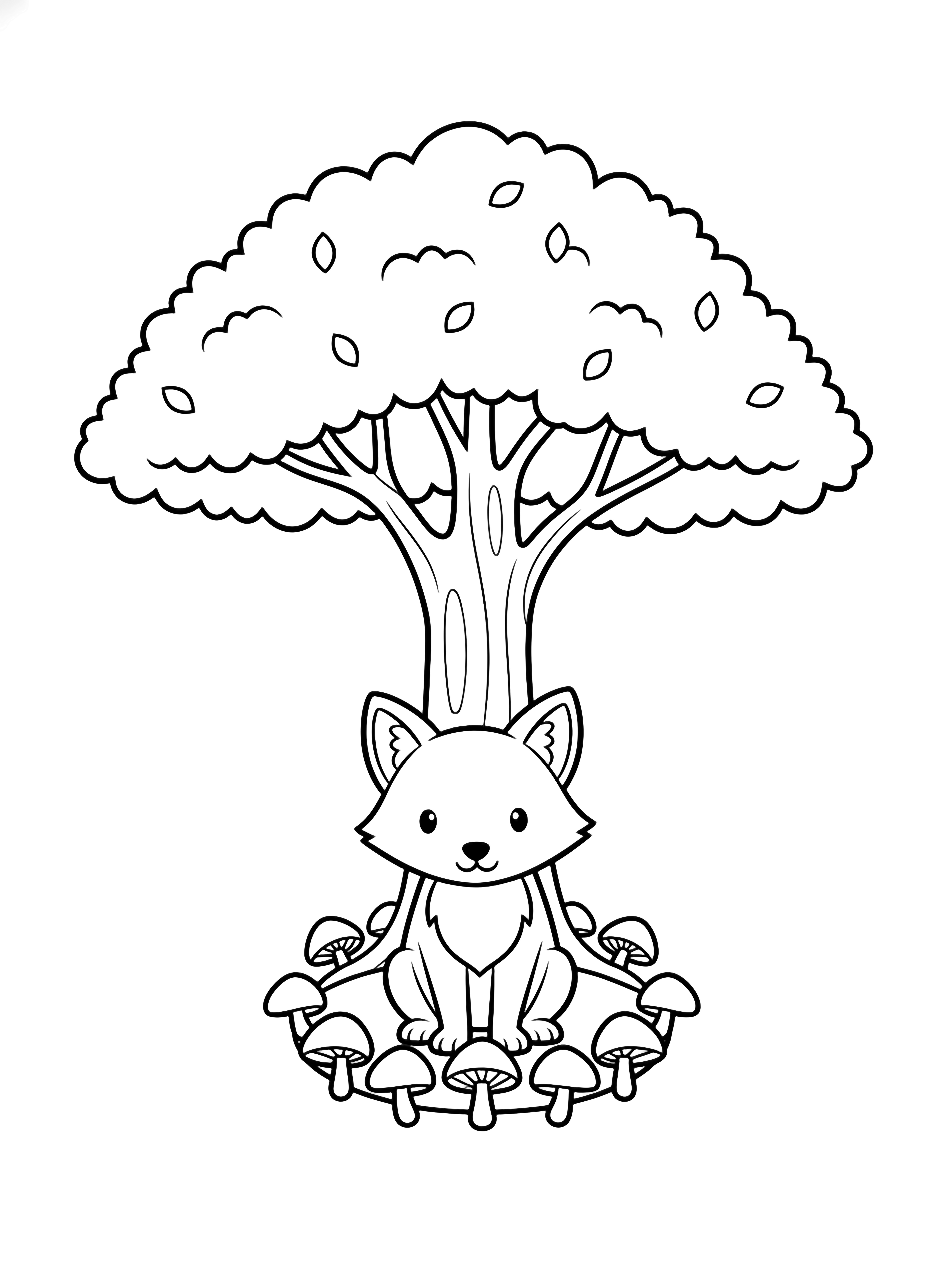 A cheerful fox sits under a broad-canopied tree, encircled by a neat ring of small mushrooms growing from the roots. kleurplaat