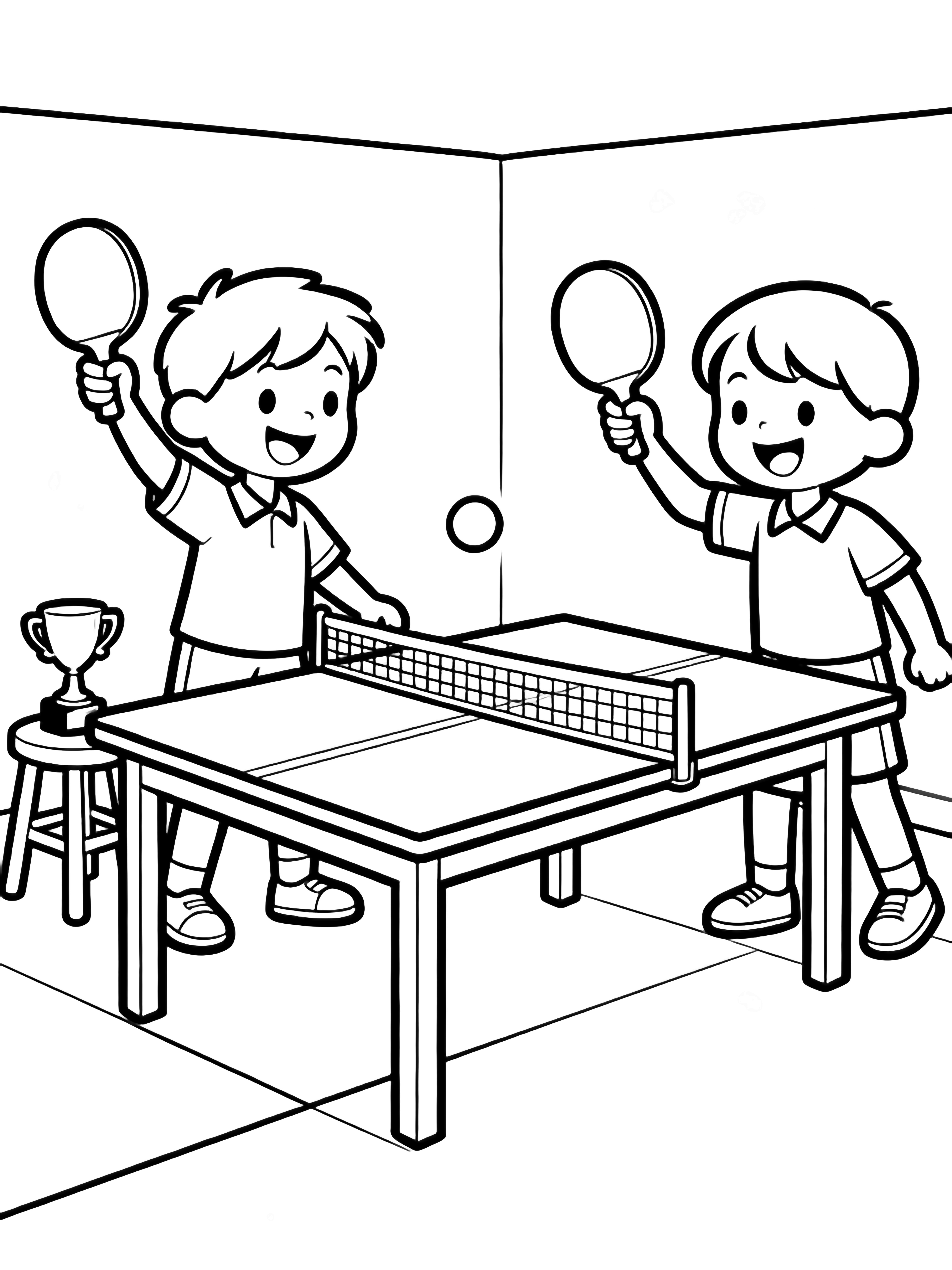 Two smiling kids at a mini ping-pong table, paddles up, ball mid-bounce, tiny trophy on stool kleurplaat