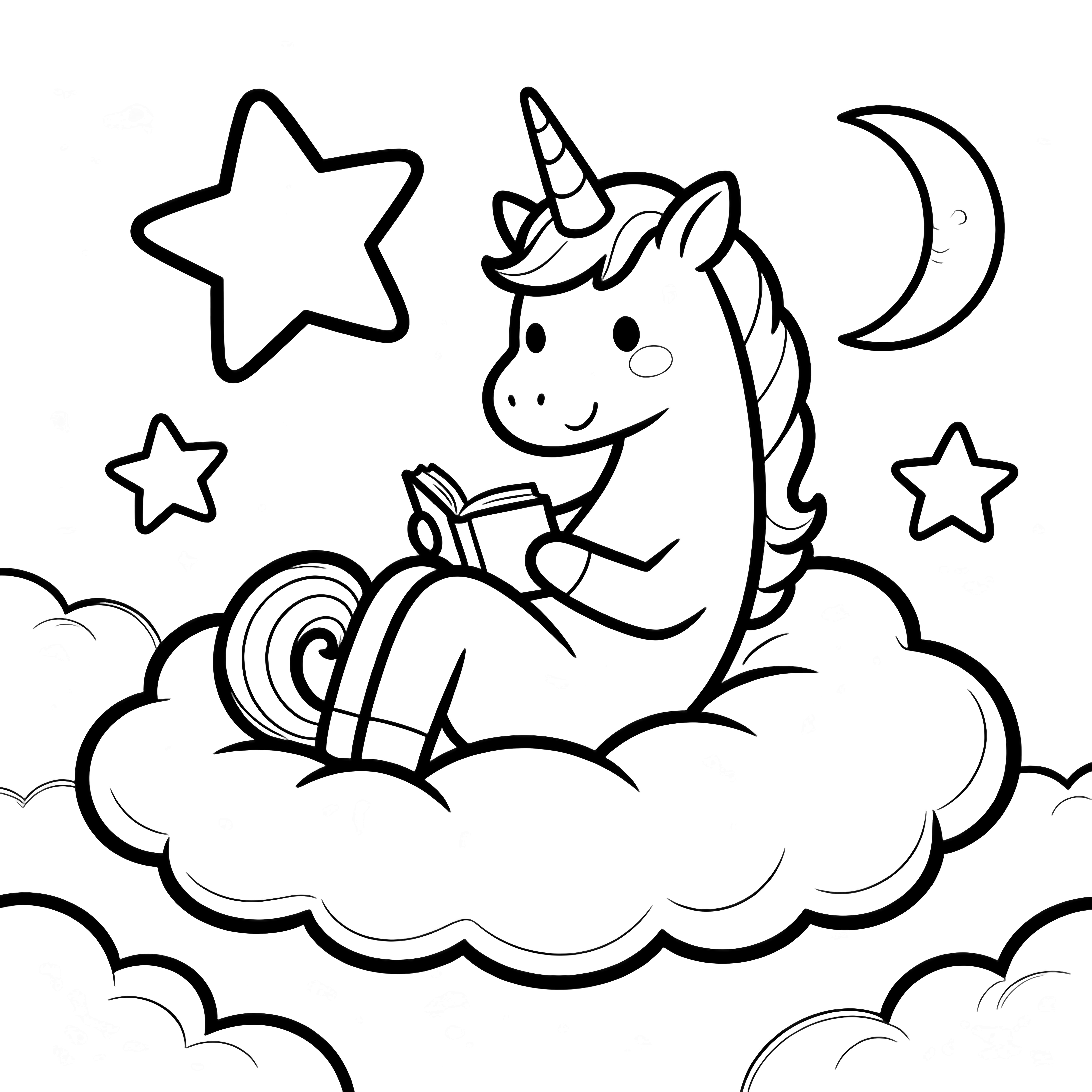 A smiling unicorn reclines on puffy clouds, legs tucked, tail curled, reading a tiny open book; stars and a crescent moon drift nearby. kleurplaat