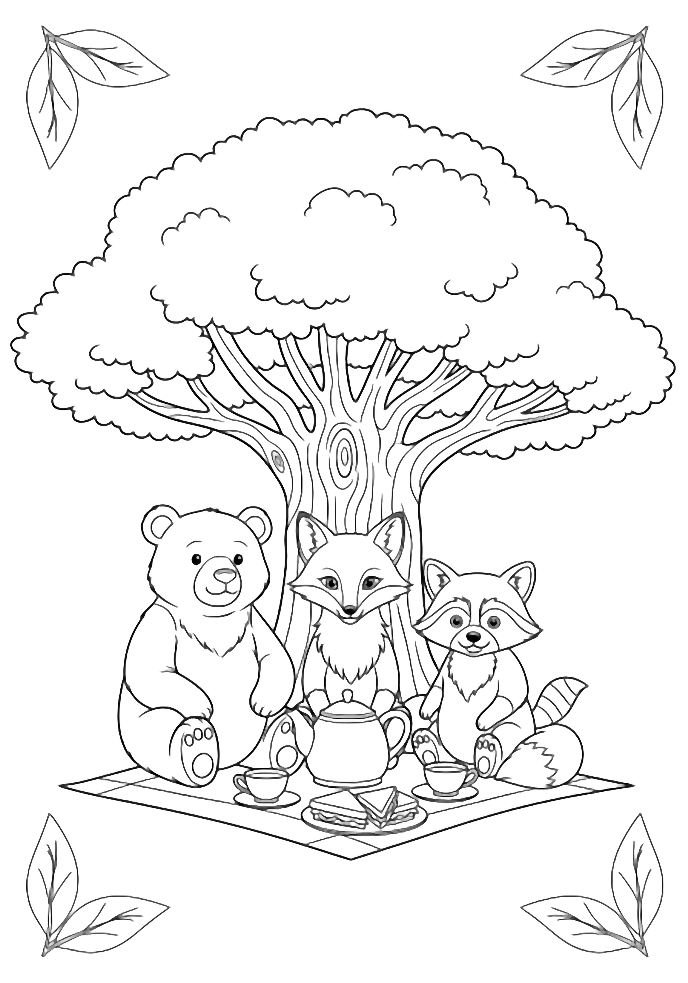 A bear, fox, and raccoon picnic beneath a big oak, sipping tea and sharing sandwiches, encircled by simple leaf shapes. kleurplaat